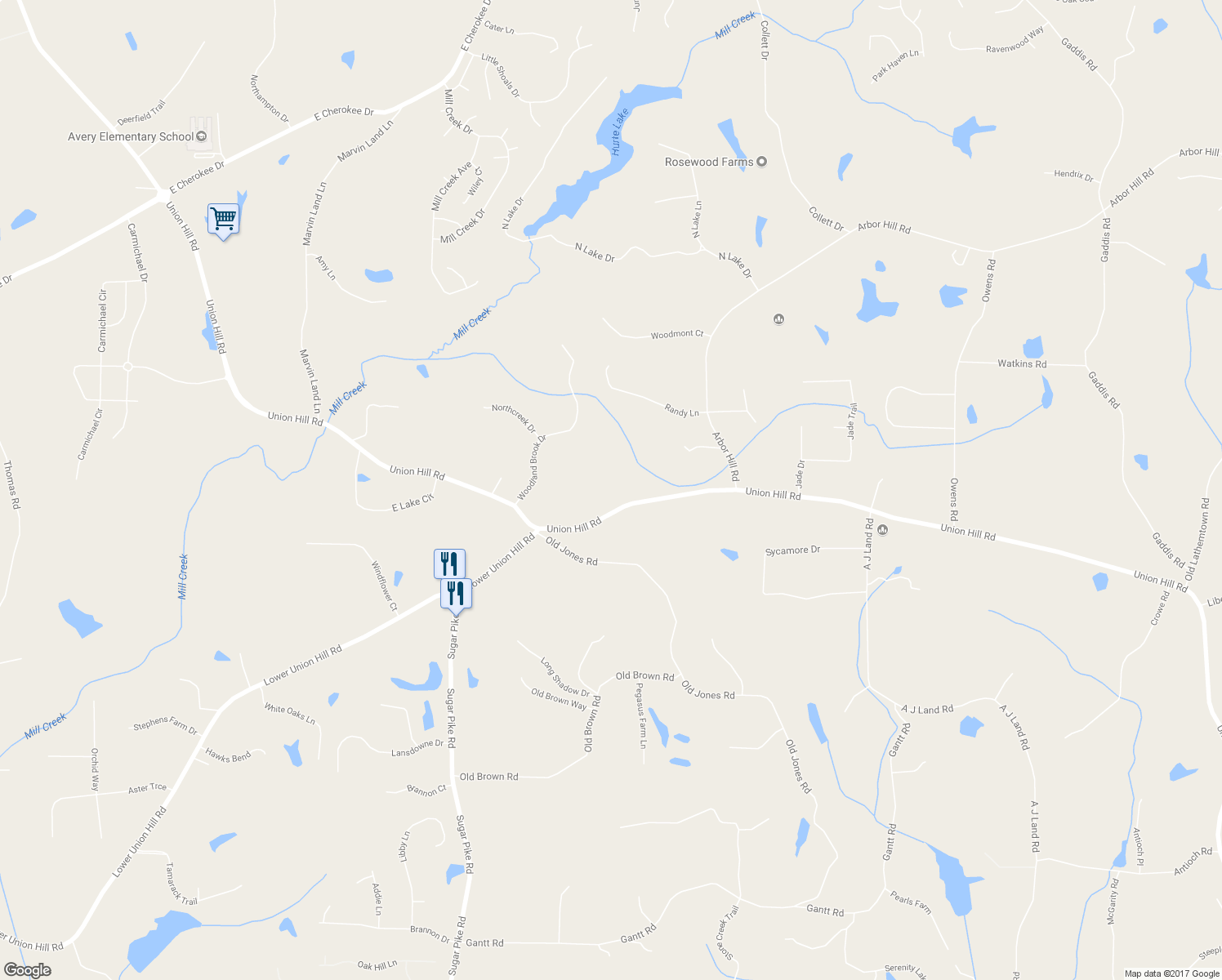 map of restaurants, bars, coffee shops, grocery stores, and more near 5800 Union Hill Road in Canton