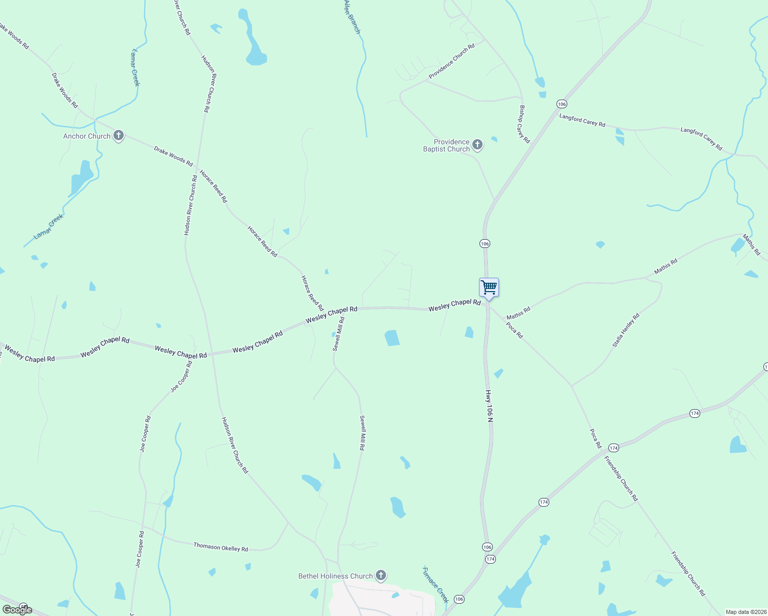 map of restaurants, bars, coffee shops, grocery stores, and more near 152 Wesley Chapel Road in Danielsville