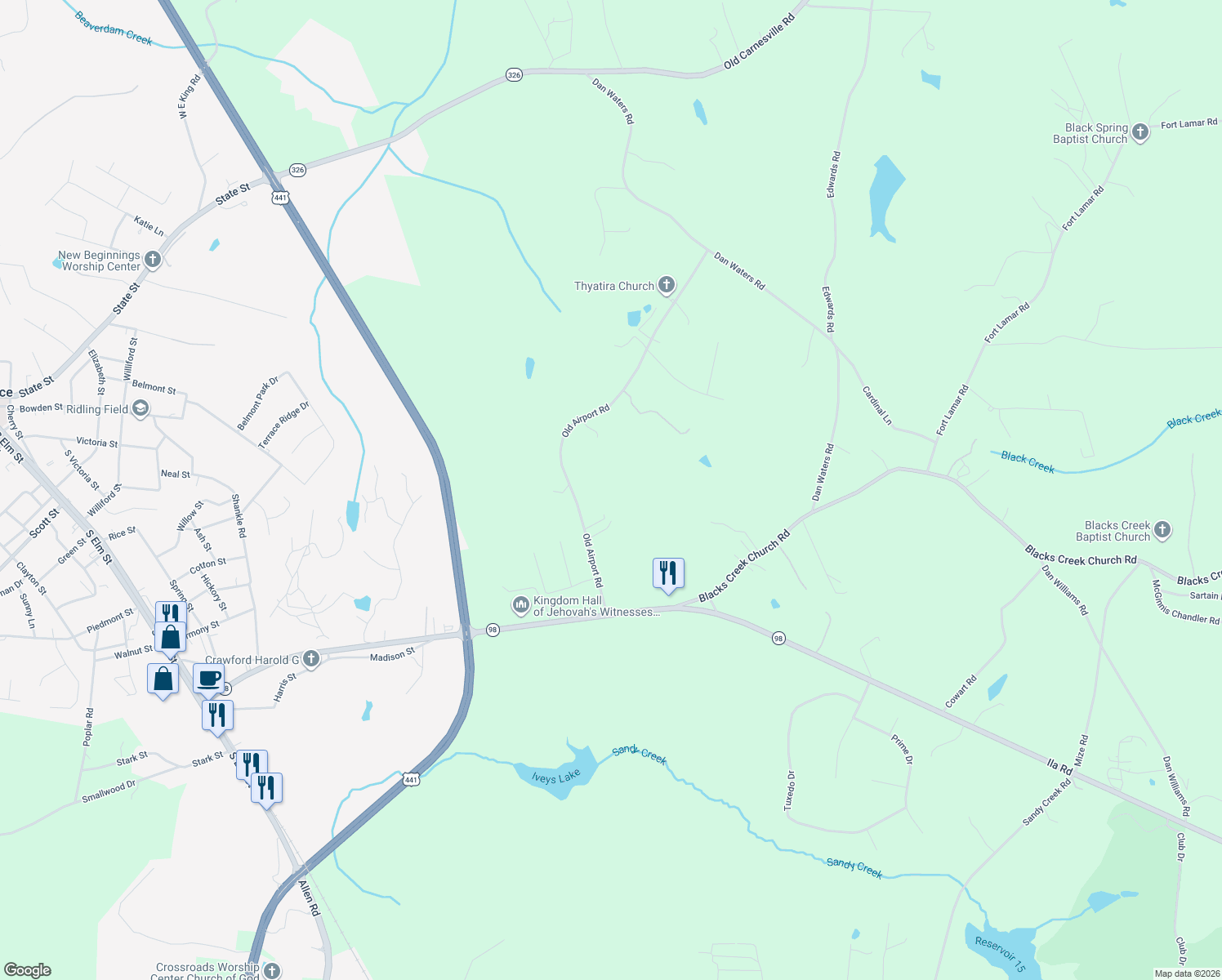 map of restaurants, bars, coffee shops, grocery stores, and more near 326 Old Airport Rd in Commerce