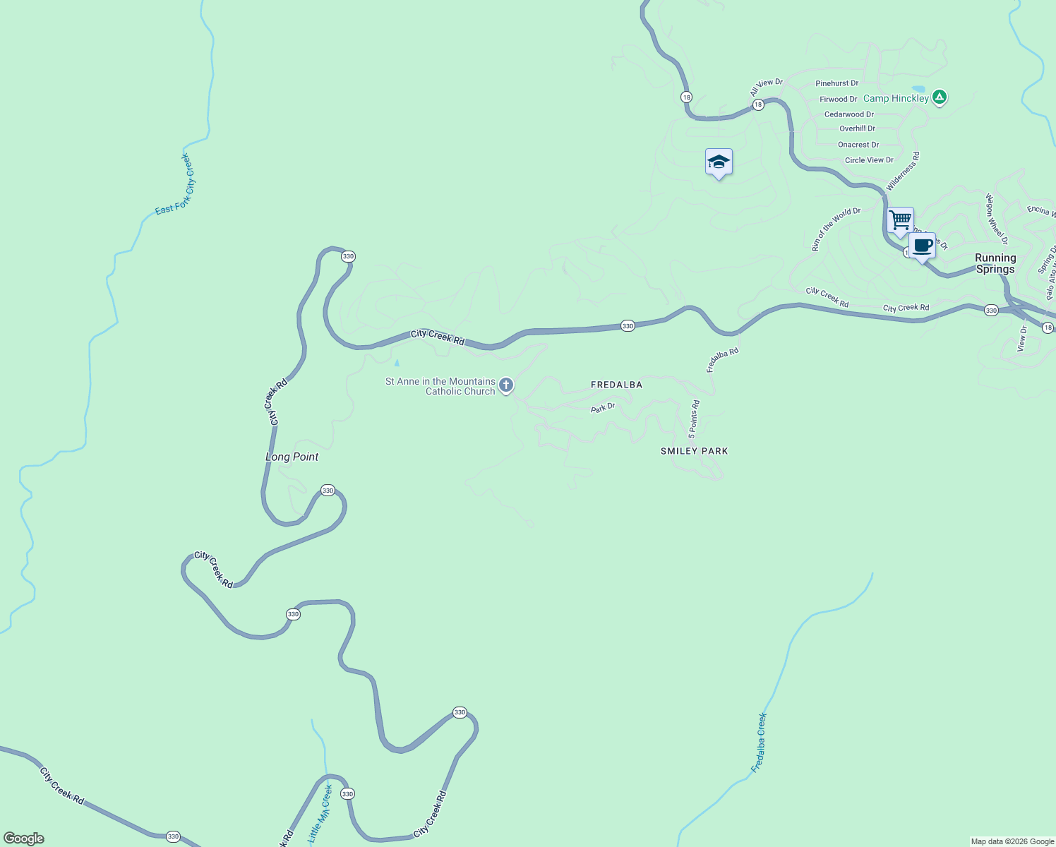 map of restaurants, bars, coffee shops, grocery stores, and more near 22 Holly Drive in Running Springs