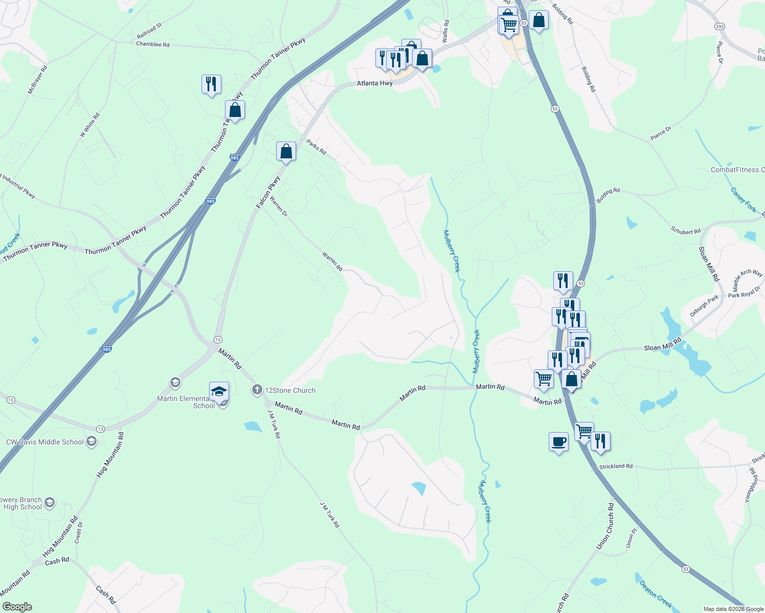 map of restaurants, bars, coffee shops, grocery stores, and more near 4207 Falcon Crest Dr in Flowery Branch