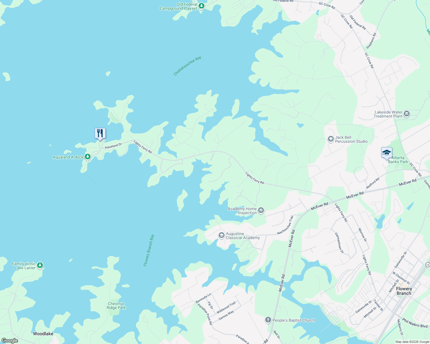 map of restaurants, bars, coffee shops, grocery stores, and more near 6446 Ford Road in Flowery Branch