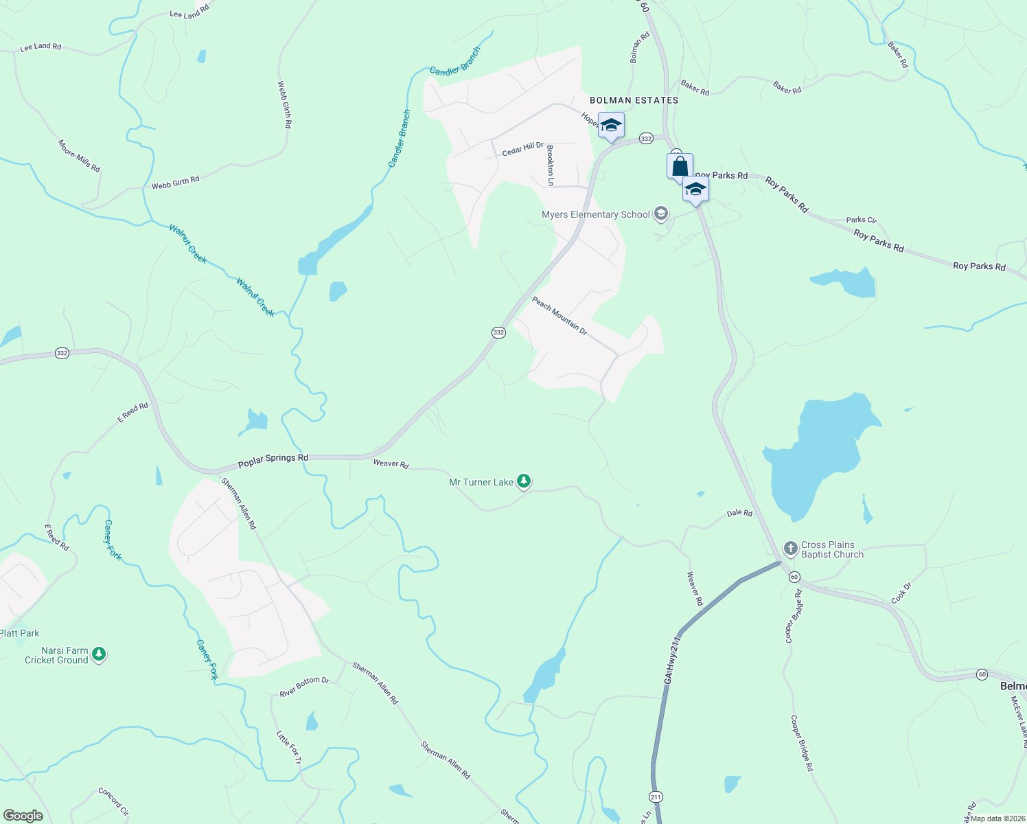 map of restaurants, bars, coffee shops, grocery stores, and more near 4863 Pine Hill Road in Gainesville