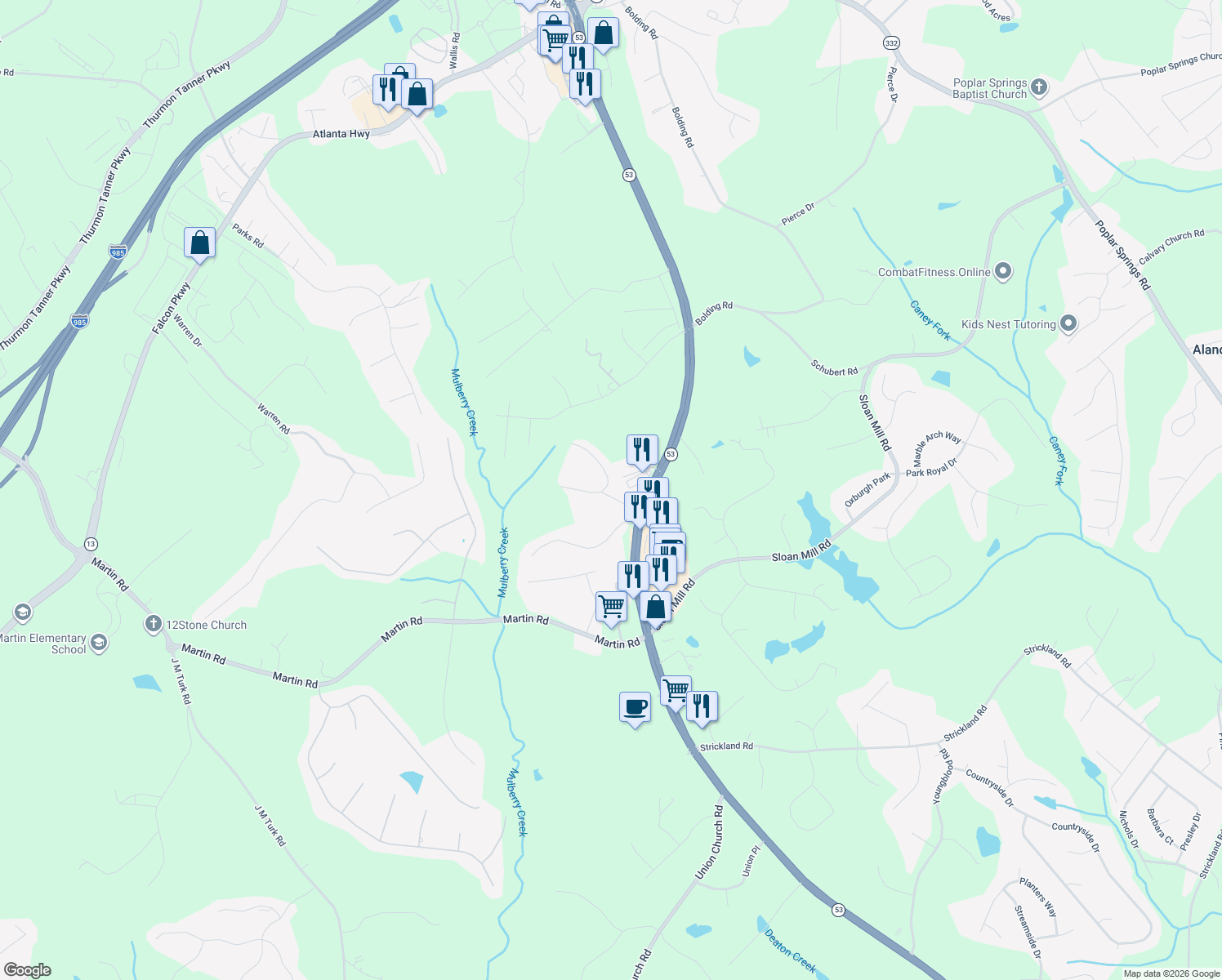 map of restaurants, bars, coffee shops, grocery stores, and more near 4130 Hickory Ln in Flowery Branch