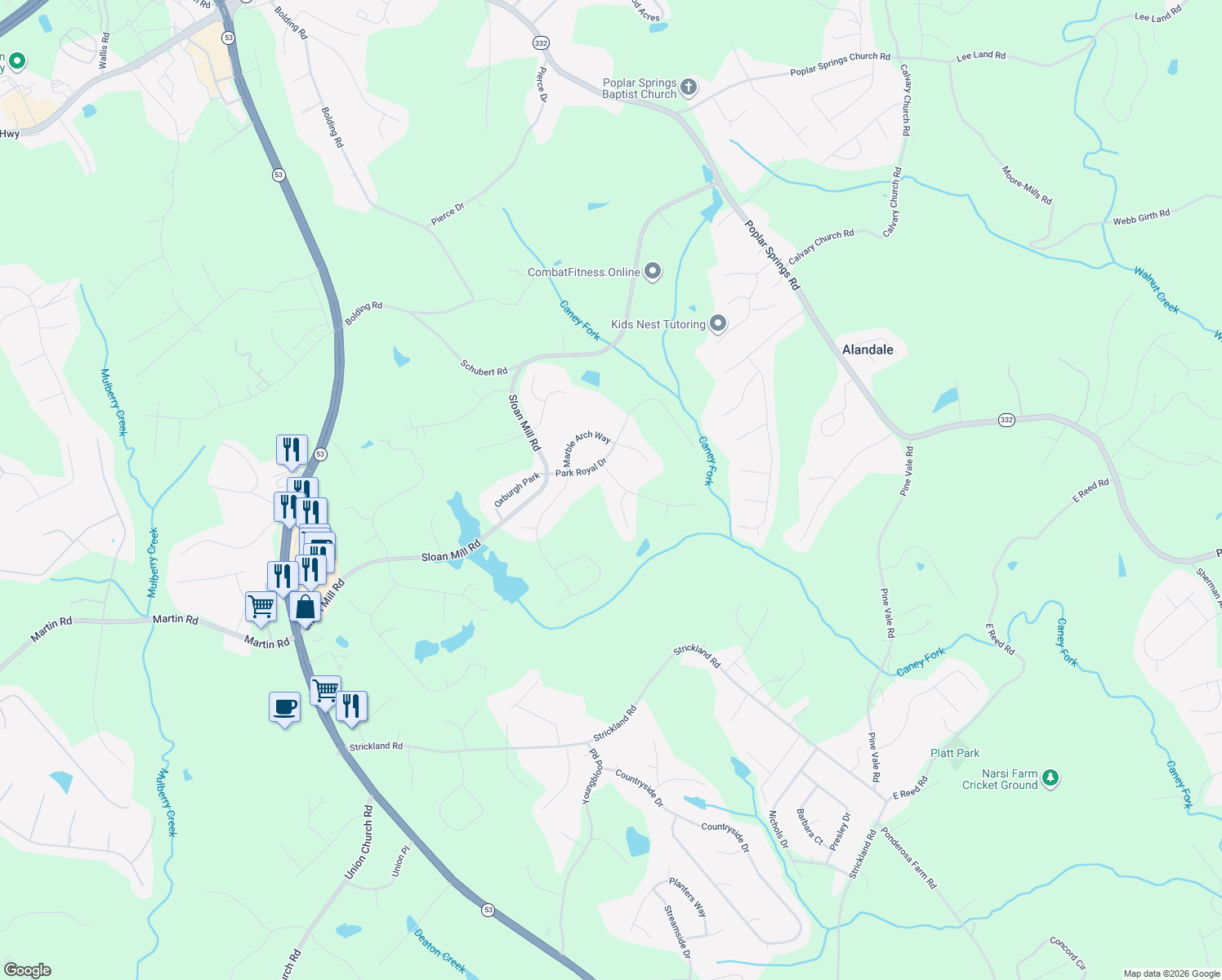 map of restaurants, bars, coffee shops, grocery stores, and more near 4514 Knightsbridge Rd in Flowery Branch