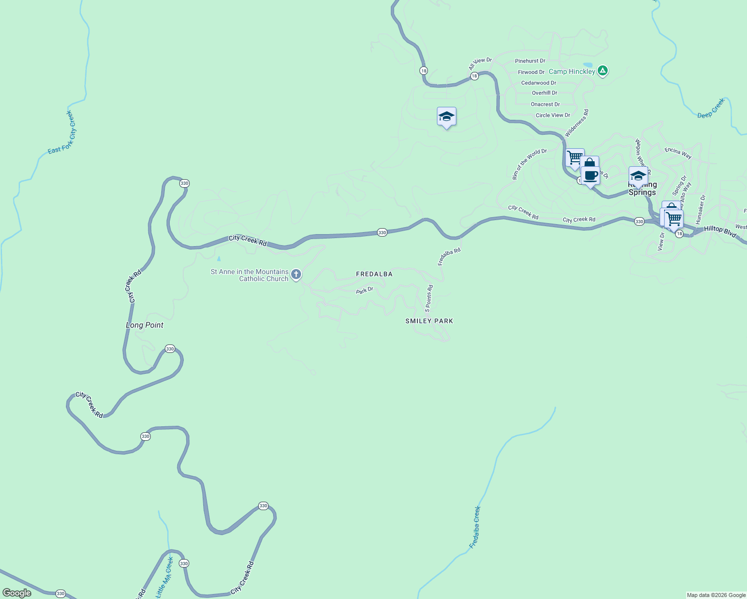 map of restaurants, bars, coffee shops, grocery stores, and more near 70 Park Drive in Running Springs