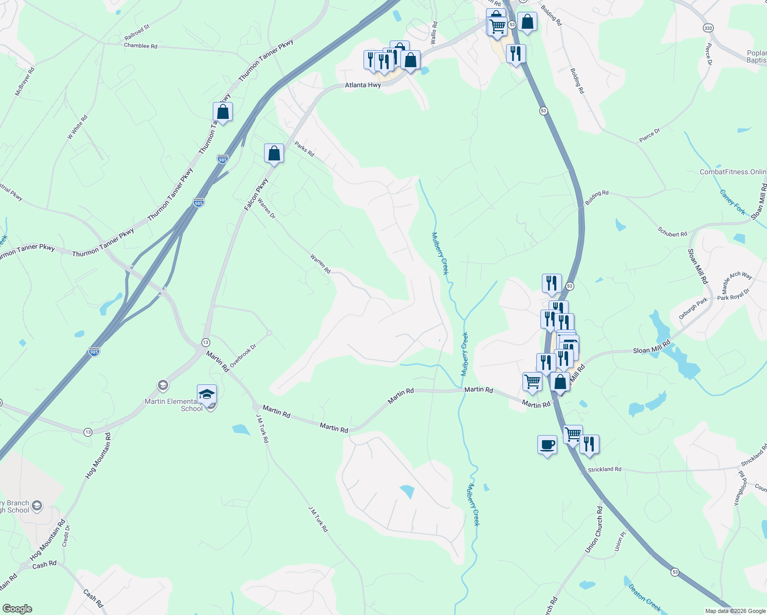 map of restaurants, bars, coffee shops, grocery stores, and more near 4192 Warren Road in Flowery Branch
