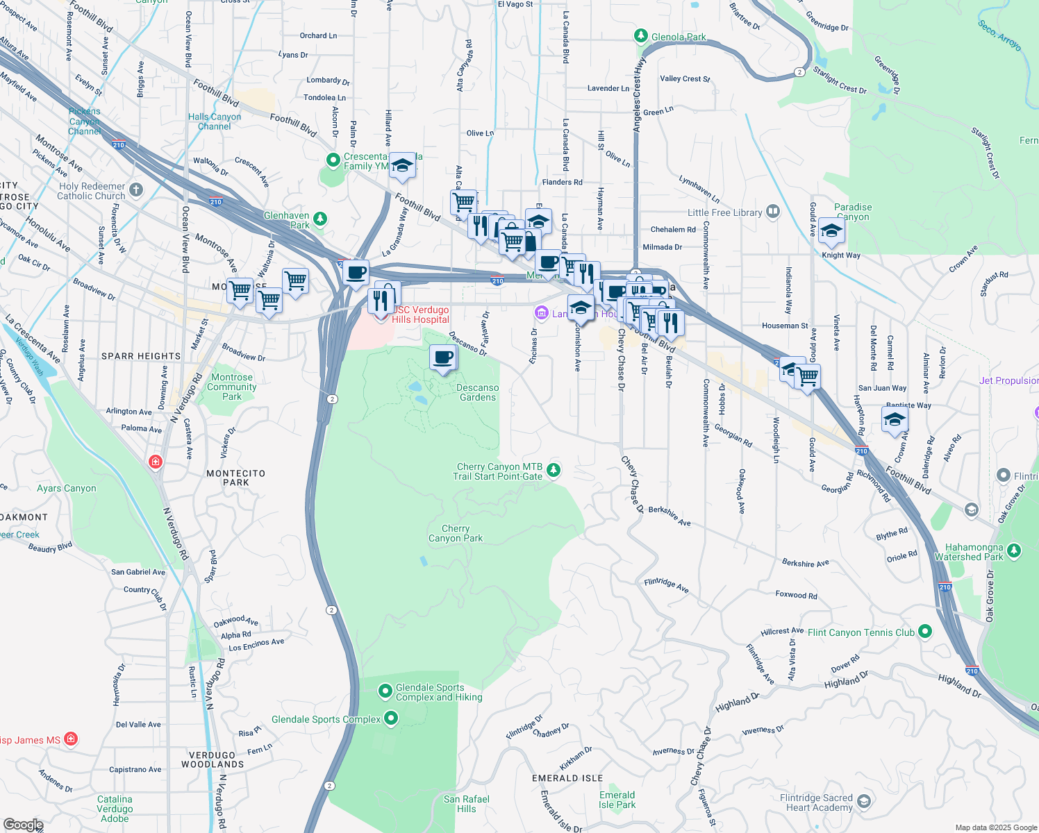 map of restaurants, bars, coffee shops, grocery stores, and more near 4224 Encinas Drive in La Cañada Flintridge
