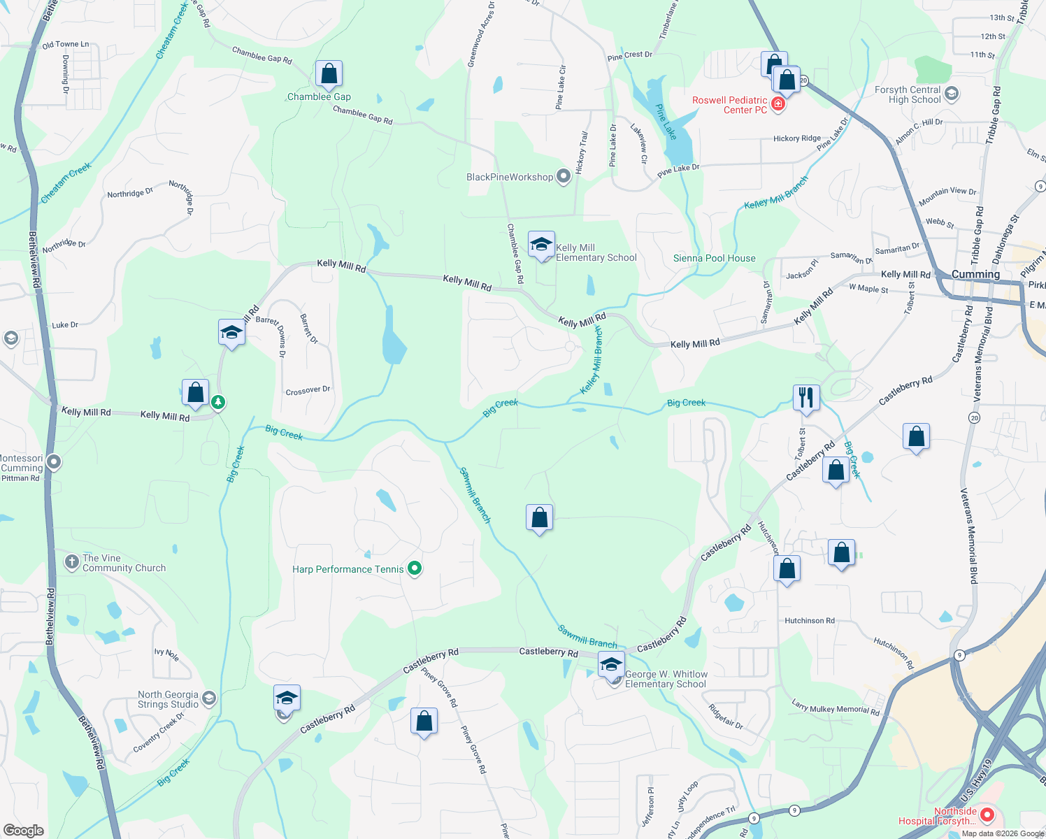 map of restaurants, bars, coffee shops, grocery stores, and more near 1495 Mystic Ridge Place in Cumming