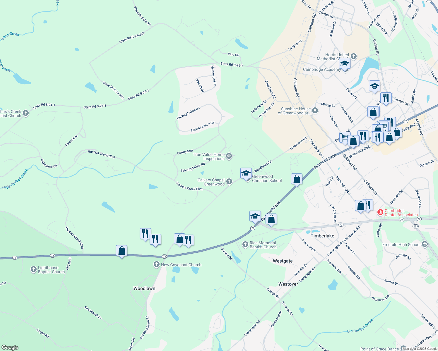 map of restaurants, bars, coffee shops, grocery stores, and more near 116 Sand Trap Lane in Greenwood