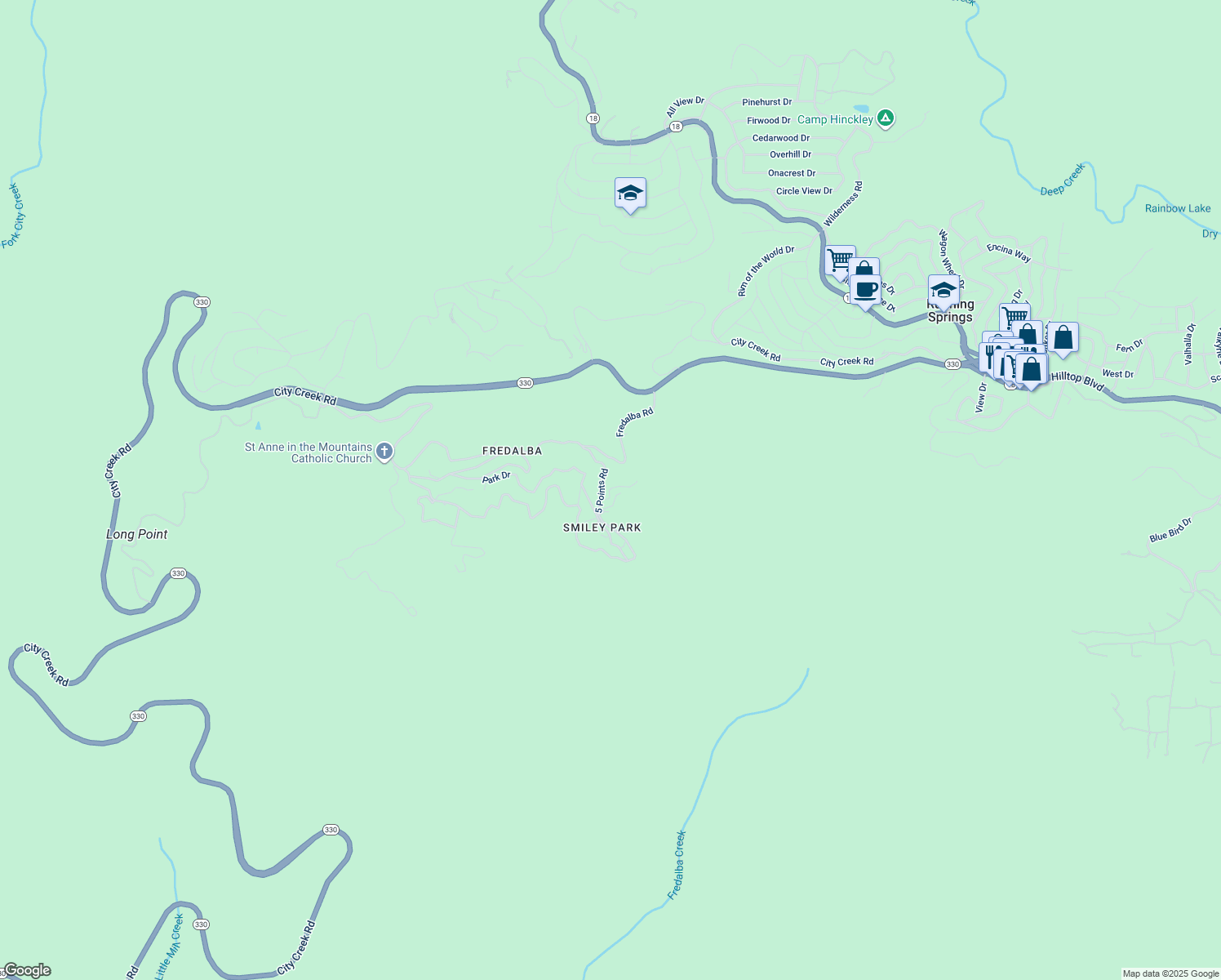 map of restaurants, bars, coffee shops, grocery stores, and more near 85 Park Drive in Running Springs