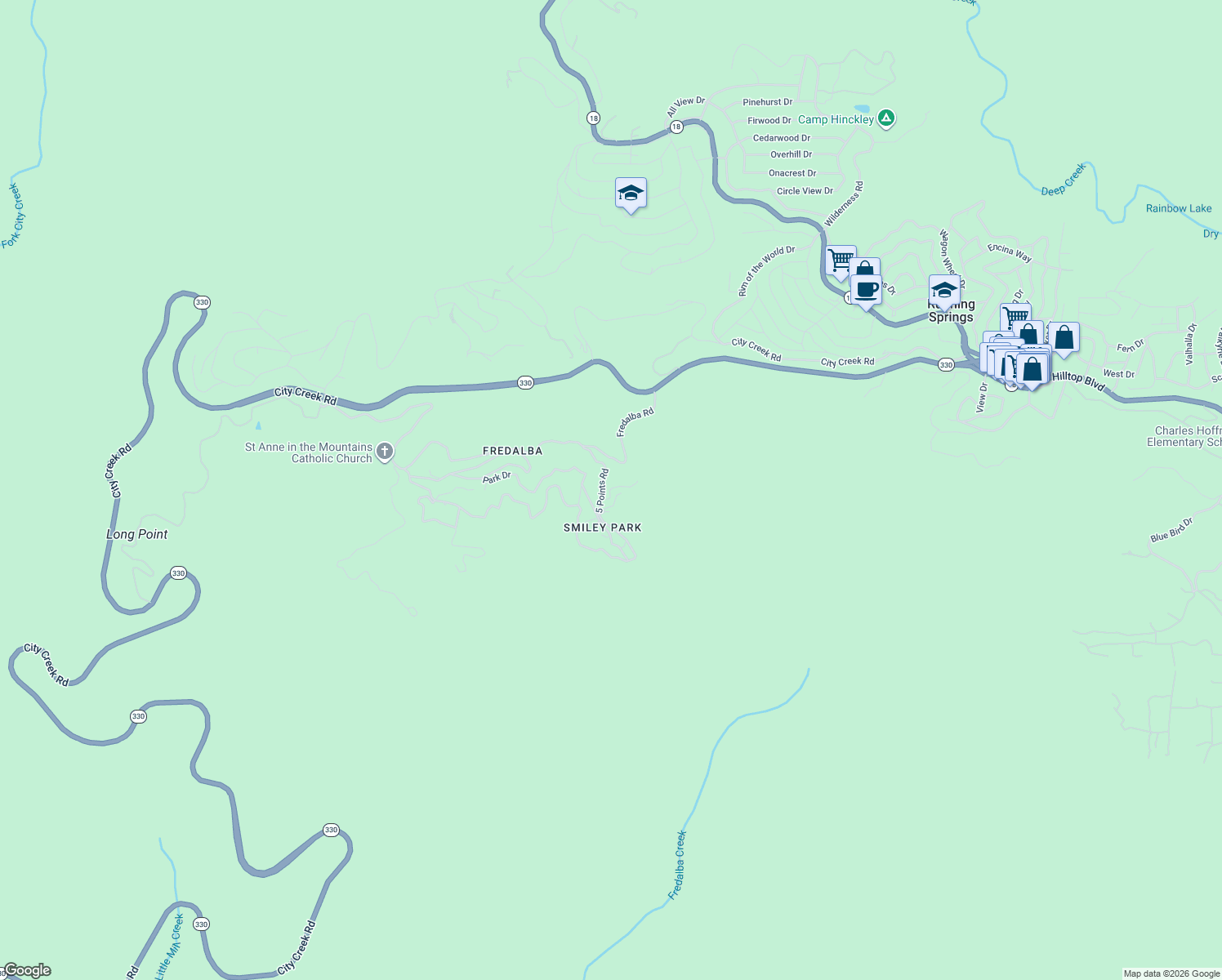map of restaurants, bars, coffee shops, grocery stores, and more near 10 Winding Way in Running Springs