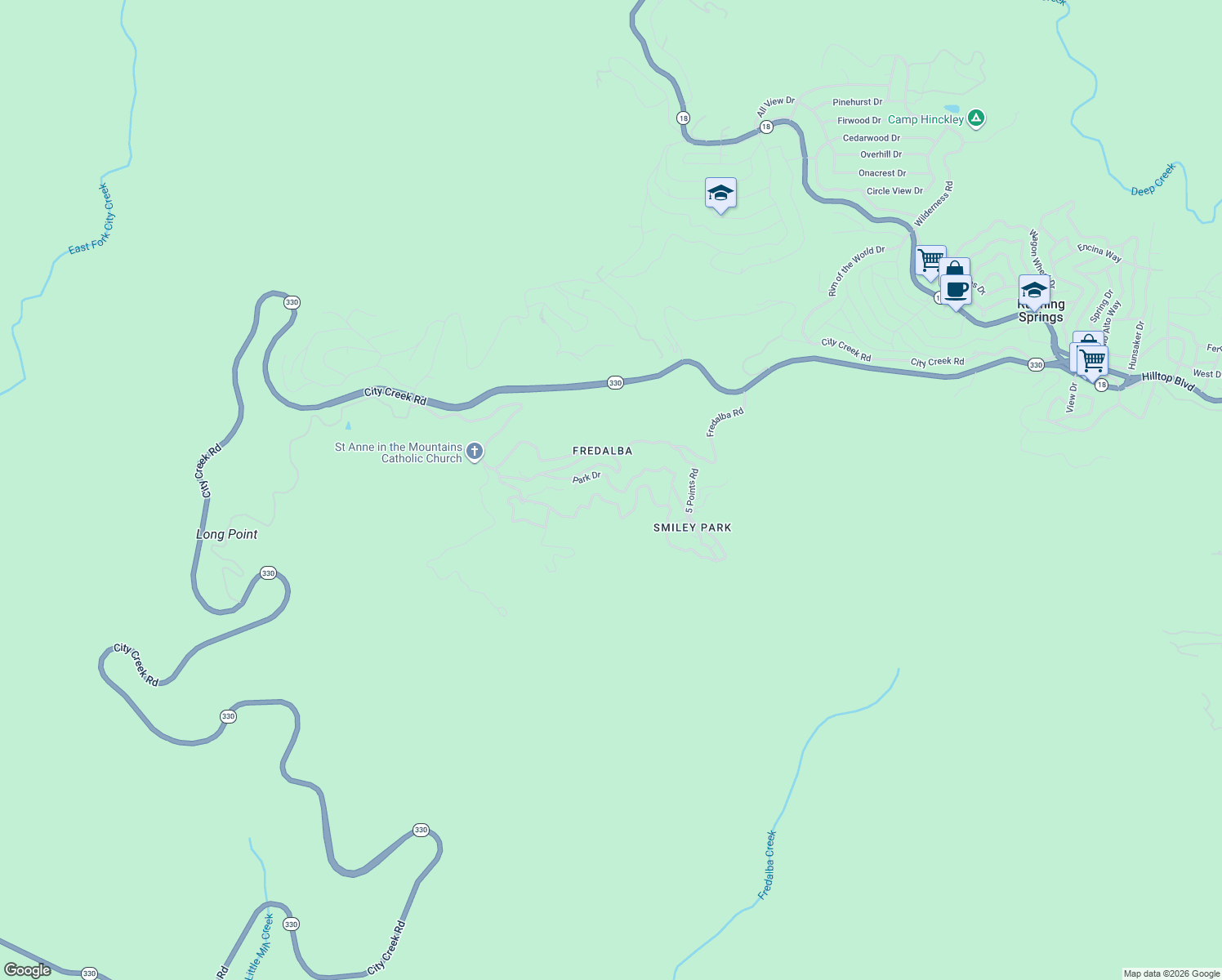 map of restaurants, bars, coffee shops, grocery stores, and more near 70 Park Drive in Running Springs