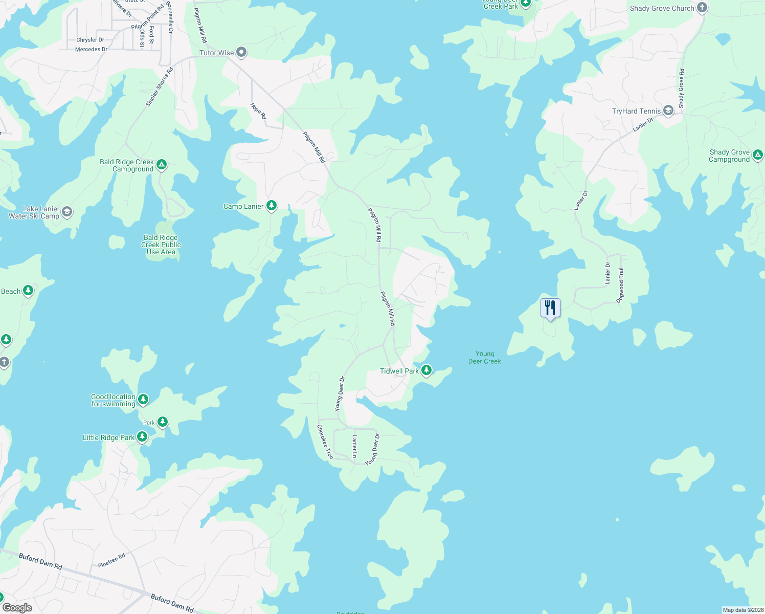 map of restaurants, bars, coffee shops, grocery stores, and more near 5130 Forest Hills Court in Cumming
