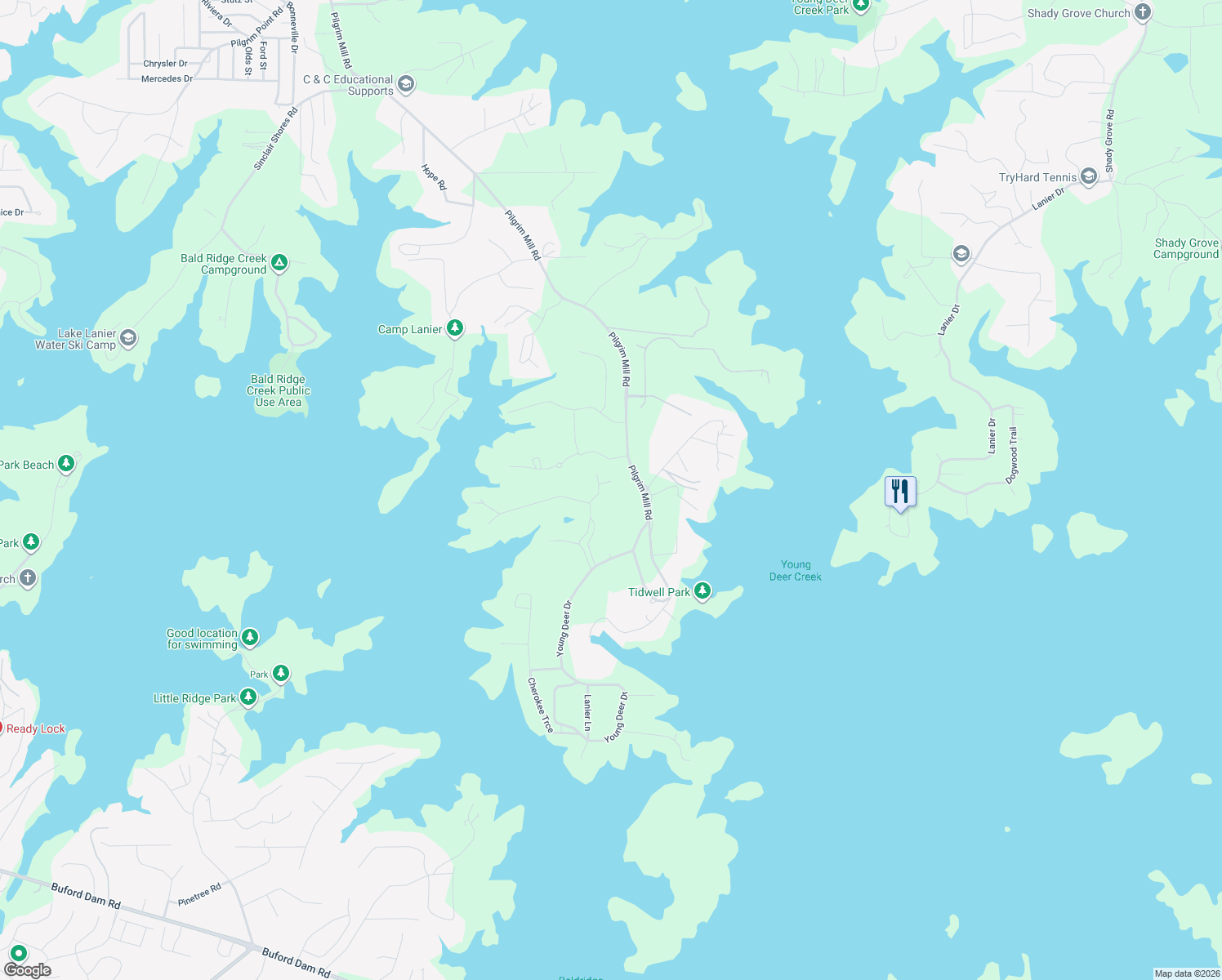 map of restaurants, bars, coffee shops, grocery stores, and more near 5130 Forest Hills Court in Cumming