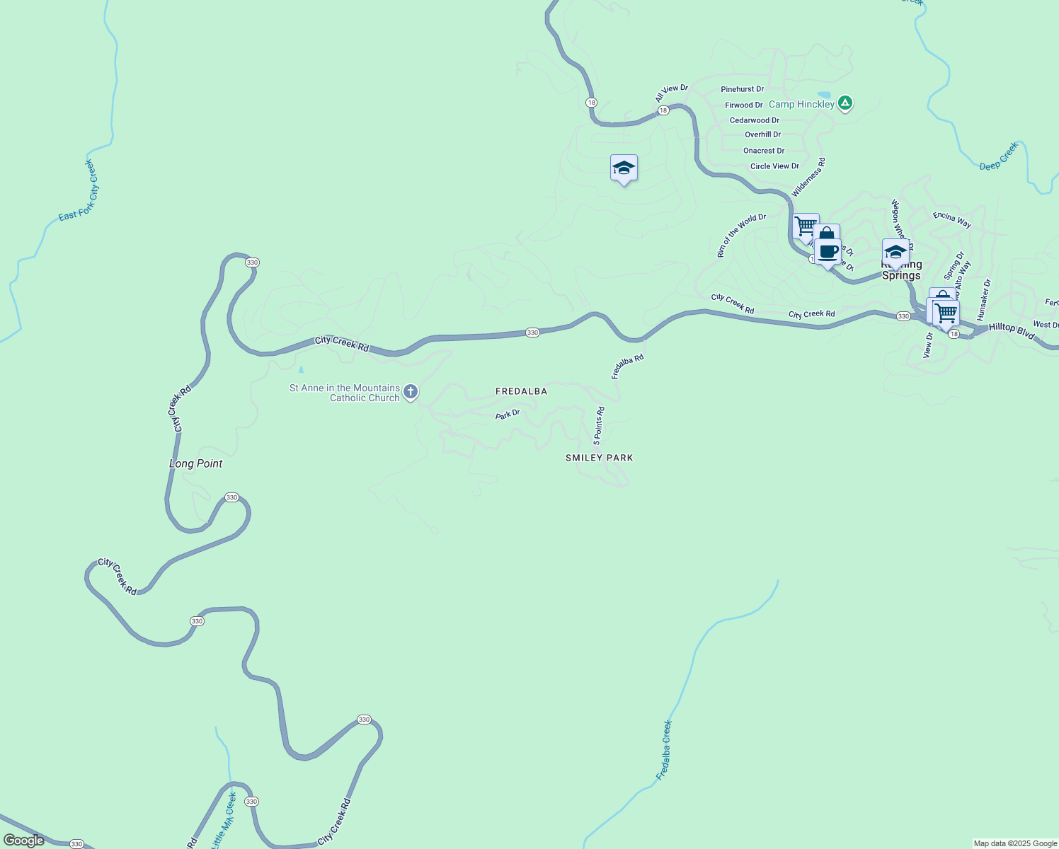 map of restaurants, bars, coffee shops, grocery stores, and more near 72 Park Drive in Running Springs