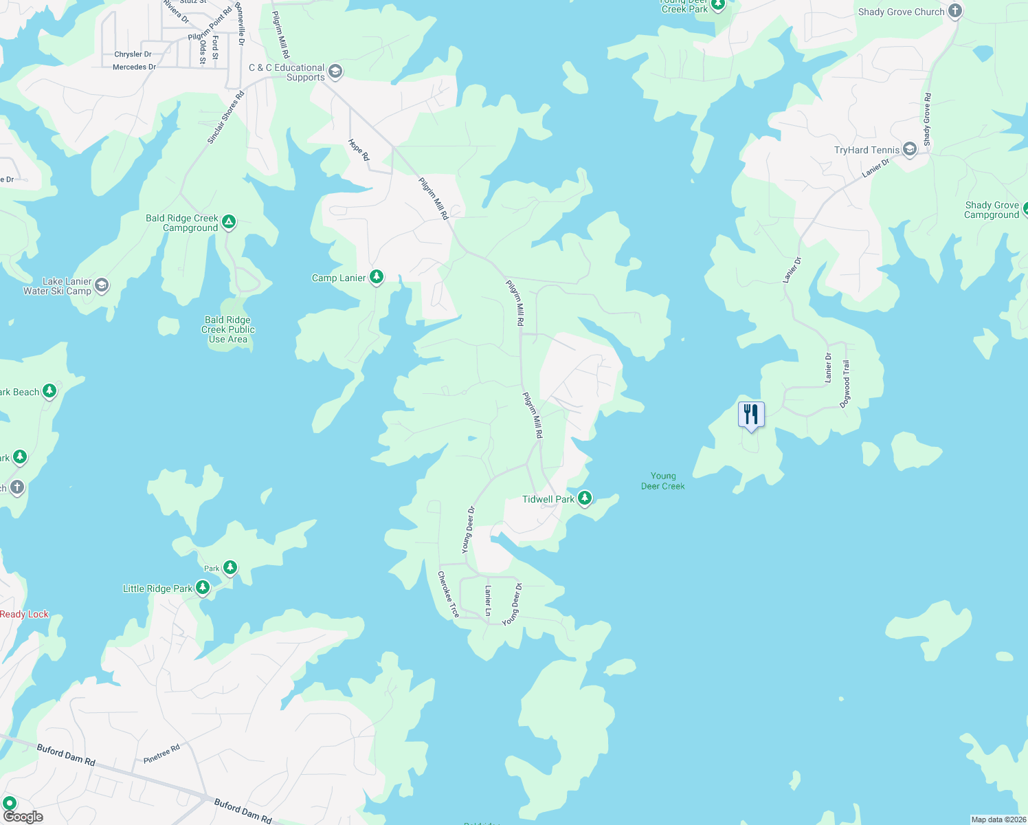 map of restaurants, bars, coffee shops, grocery stores, and more near 5130 Forest Hills Court in Cumming