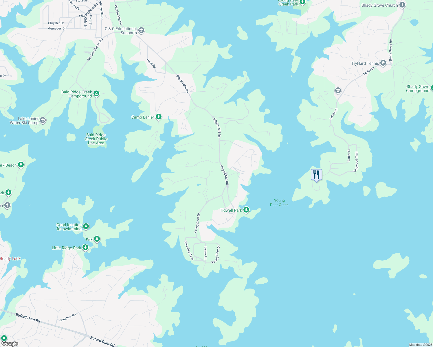 map of restaurants, bars, coffee shops, grocery stores, and more near 5130 Forest Hills Court in Cumming