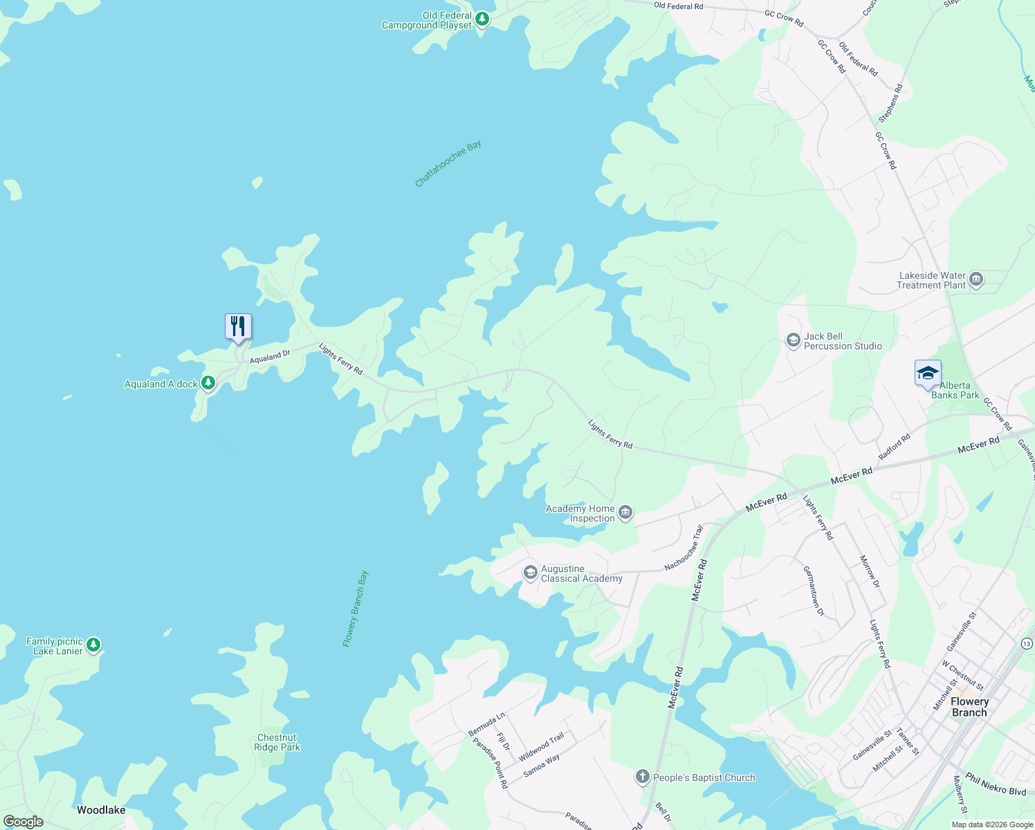 map of restaurants, bars, coffee shops, grocery stores, and more near 6446 Ford Road in Flowery Branch