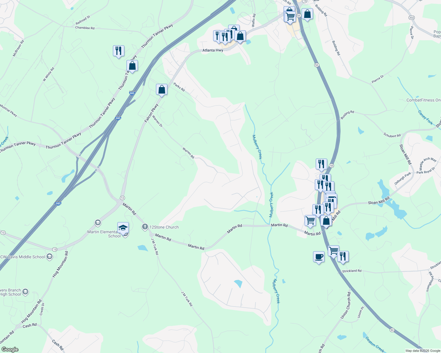 map of restaurants, bars, coffee shops, grocery stores, and more near 4207 Falcon Crest Drive in Flowery Branch
