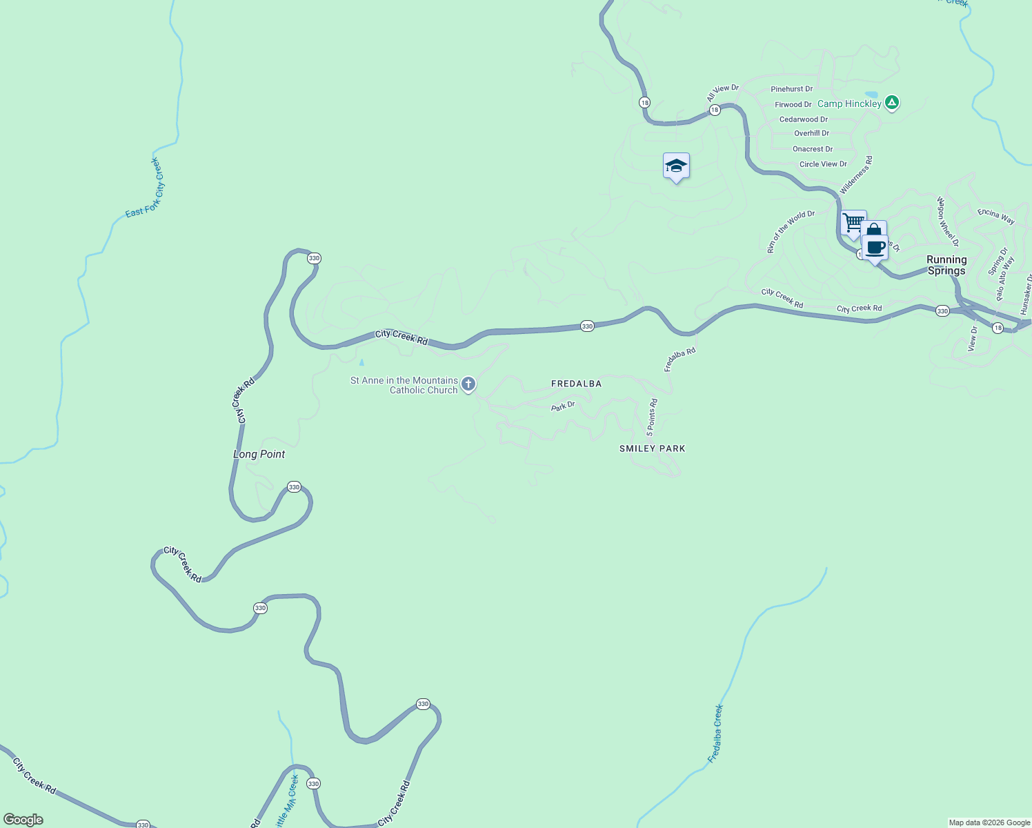 map of restaurants, bars, coffee shops, grocery stores, and more near 22 Holly Drive in Running Springs