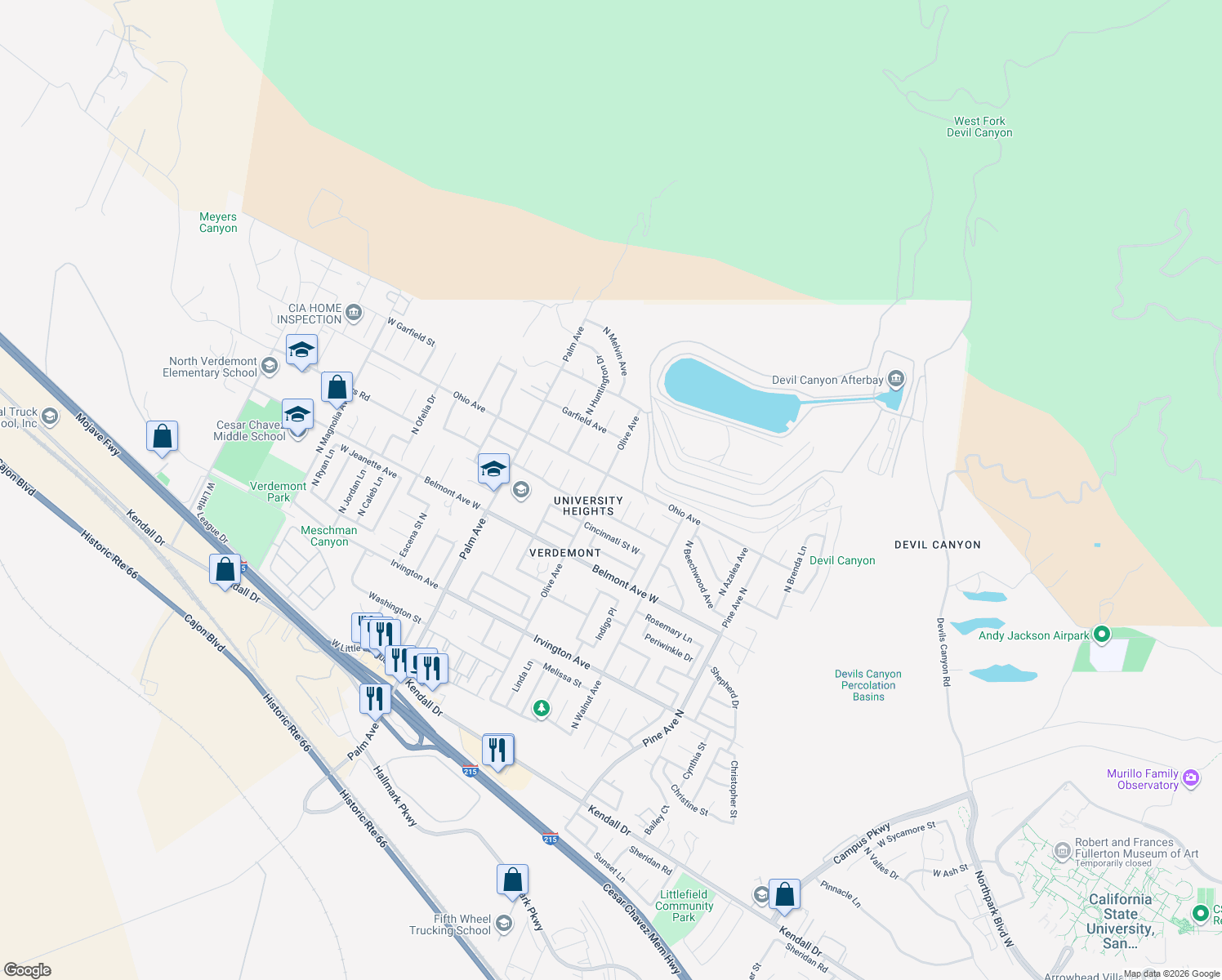 map of restaurants, bars, coffee shops, grocery stores, and more near 6550 N Youngstown Ln in San Bernardino