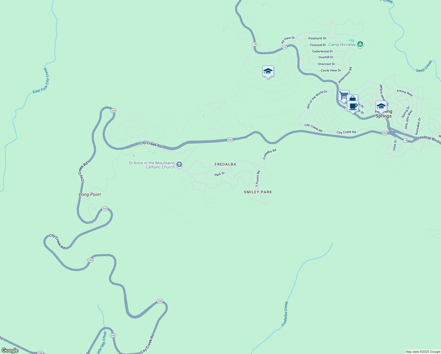 map of restaurants, bars, coffee shops, grocery stores, and more near 85 Park Drive in Running Springs
