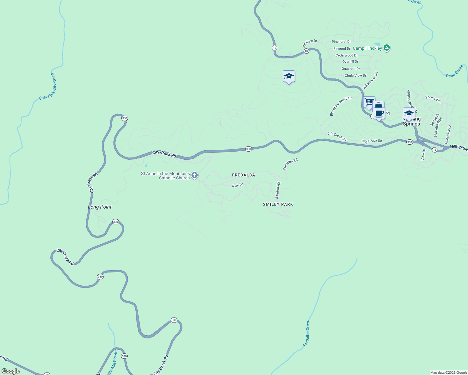 map of restaurants, bars, coffee shops, grocery stores, and more near 77 Park Drive in Running Springs