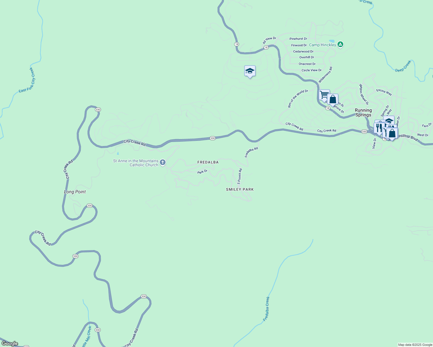 map of restaurants, bars, coffee shops, grocery stores, and more near 77 Park Drive in Running Springs