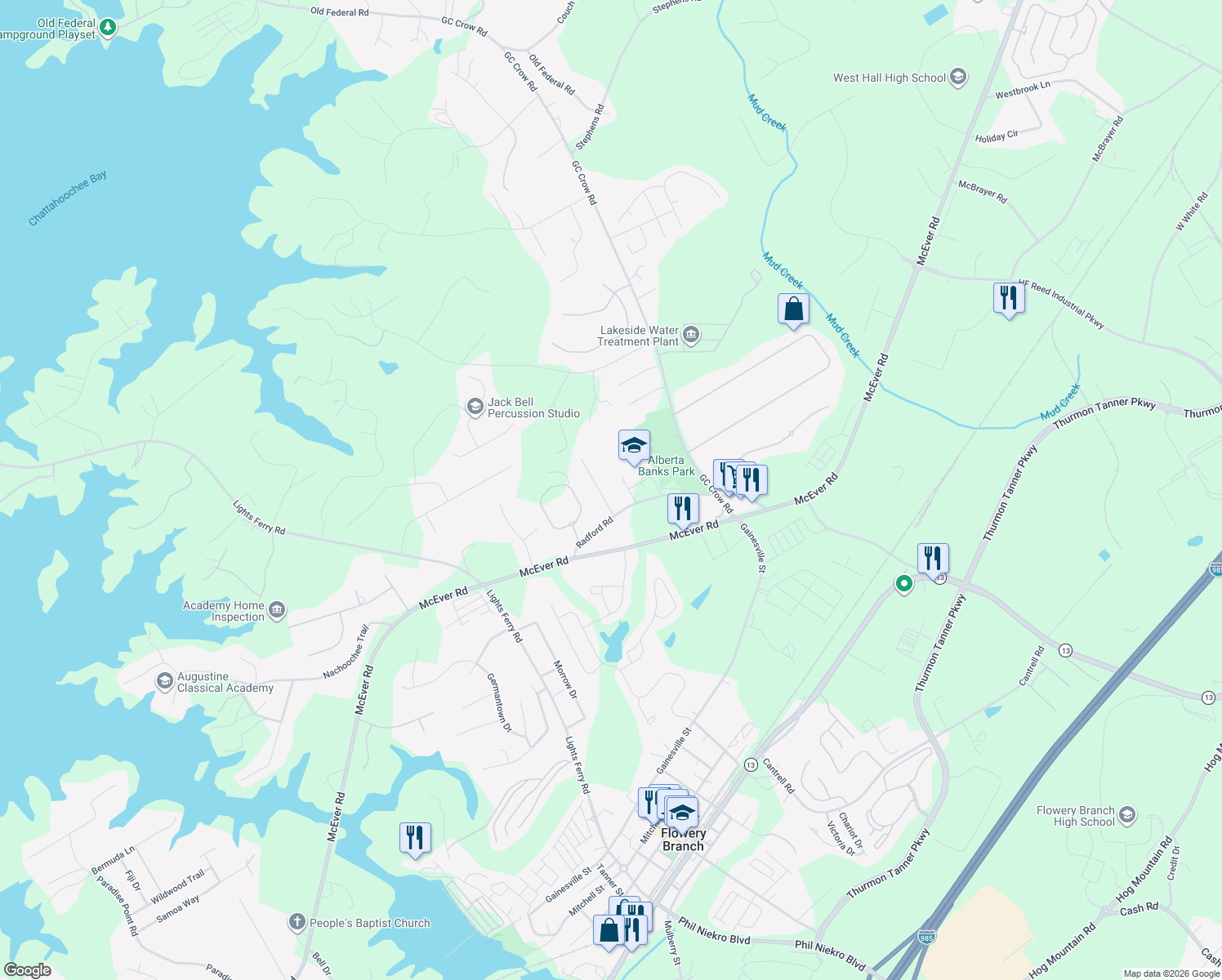 map of restaurants, bars, coffee shops, grocery stores, and more near 5616 Pinewood Dr in Flowery Branch