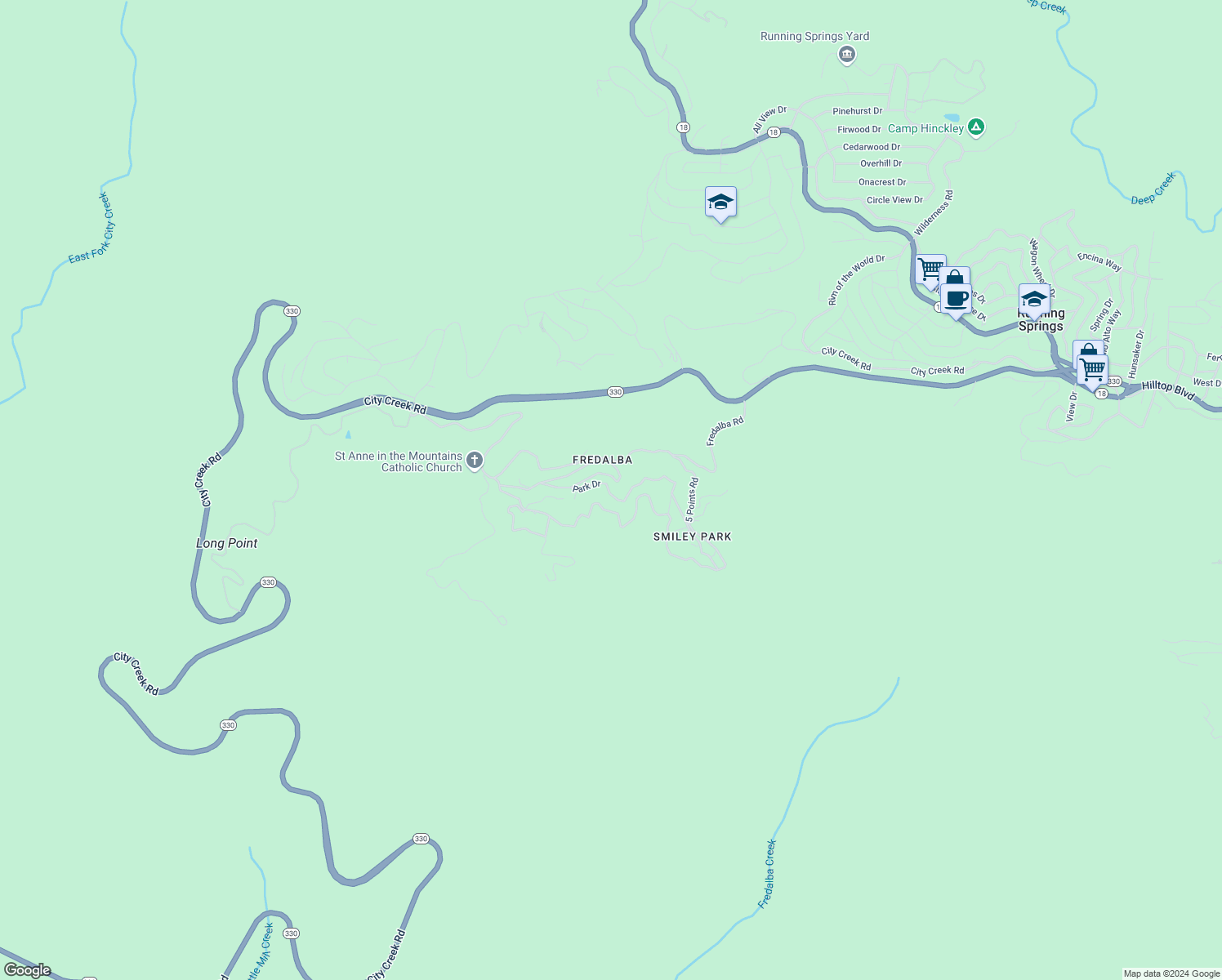 map of restaurants, bars, coffee shops, grocery stores, and more near 72 Park Drive in Running Springs