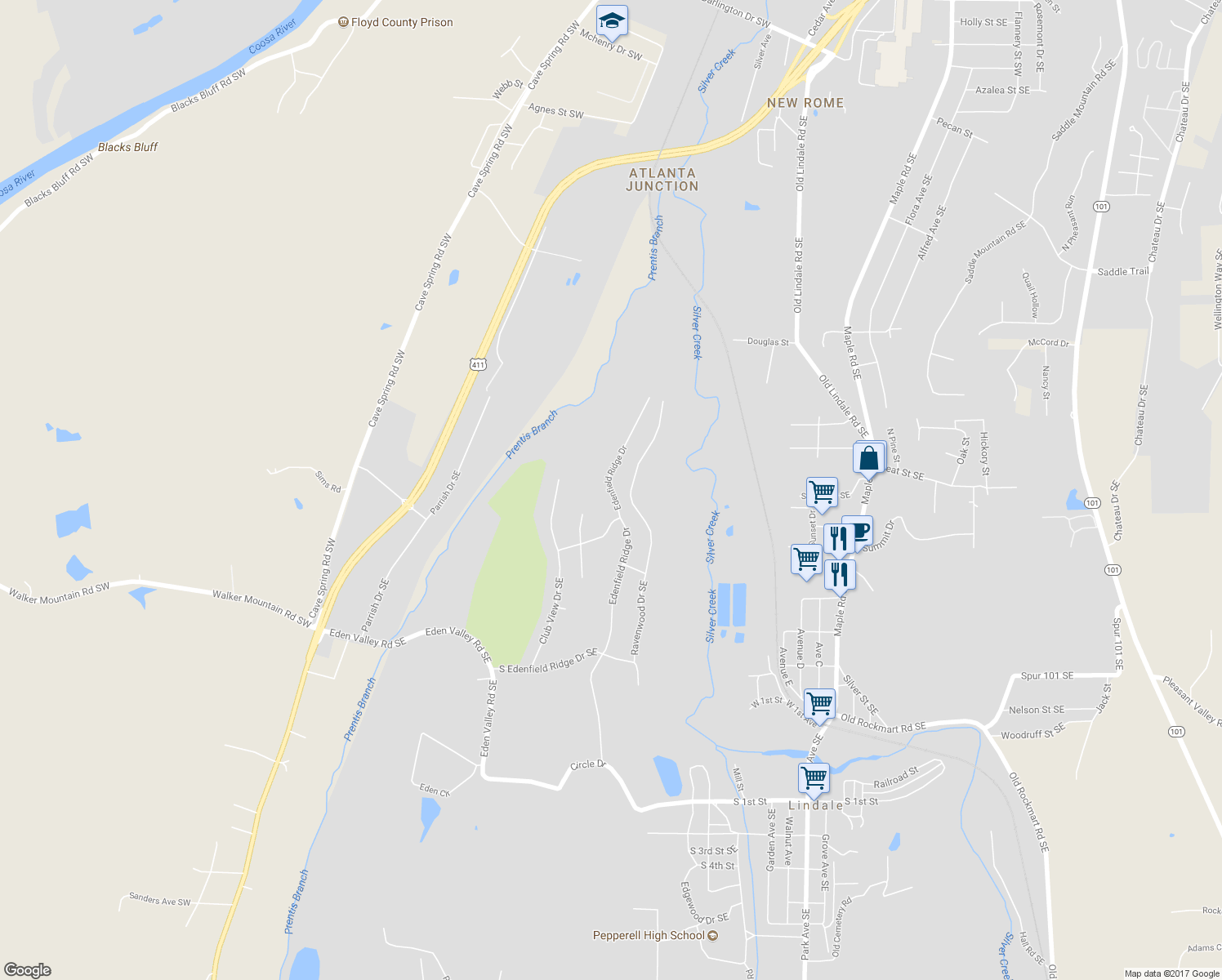 map of restaurants, bars, coffee shops, grocery stores, and more near 257 Edenfield Ridge Drive in Rome