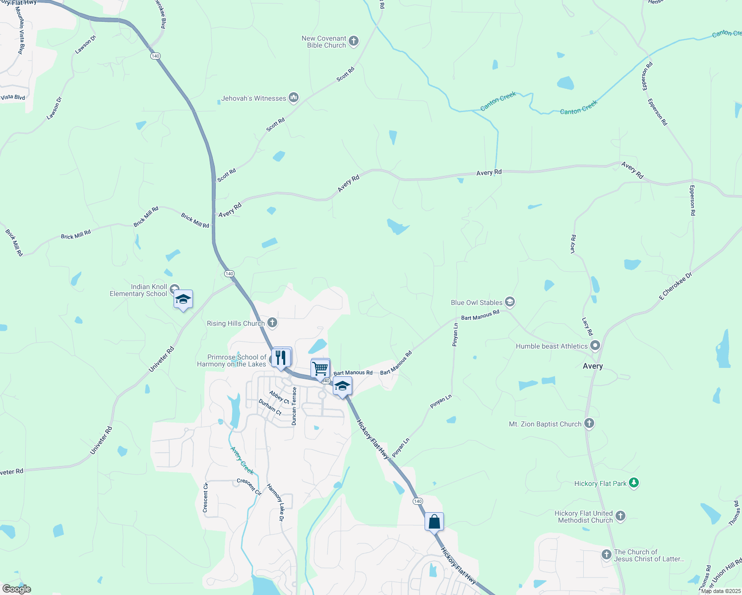 map of restaurants, bars, coffee shops, grocery stores, and more near 133 Prescott Manor Drive in Canton