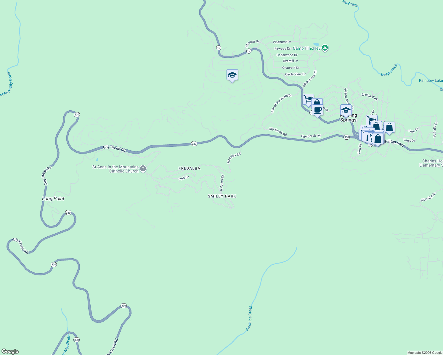 map of restaurants, bars, coffee shops, grocery stores, and more near 10 Winding Way in Running Springs