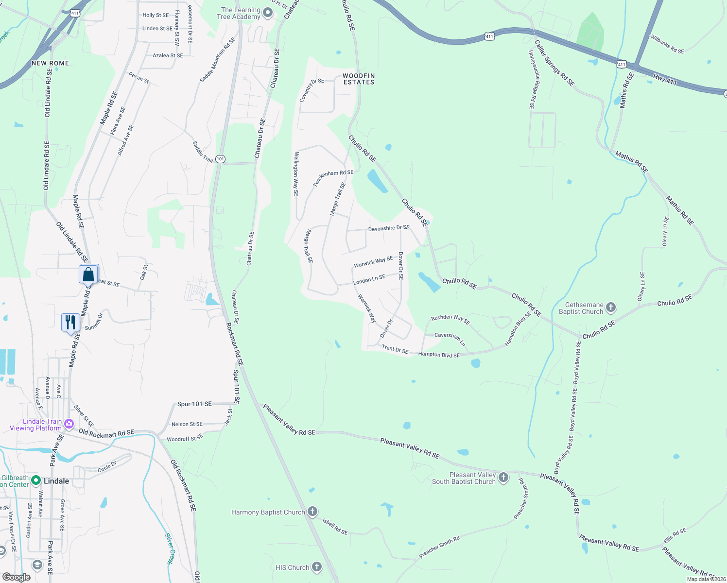 map of restaurants, bars, coffee shops, grocery stores, and more near 107 Warwick Way in Silver Creek