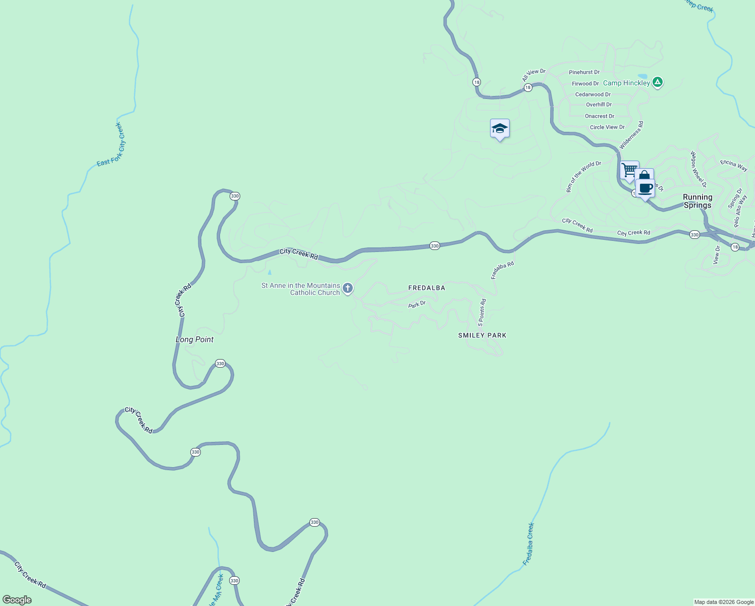 map of restaurants, bars, coffee shops, grocery stores, and more near in Running Springs