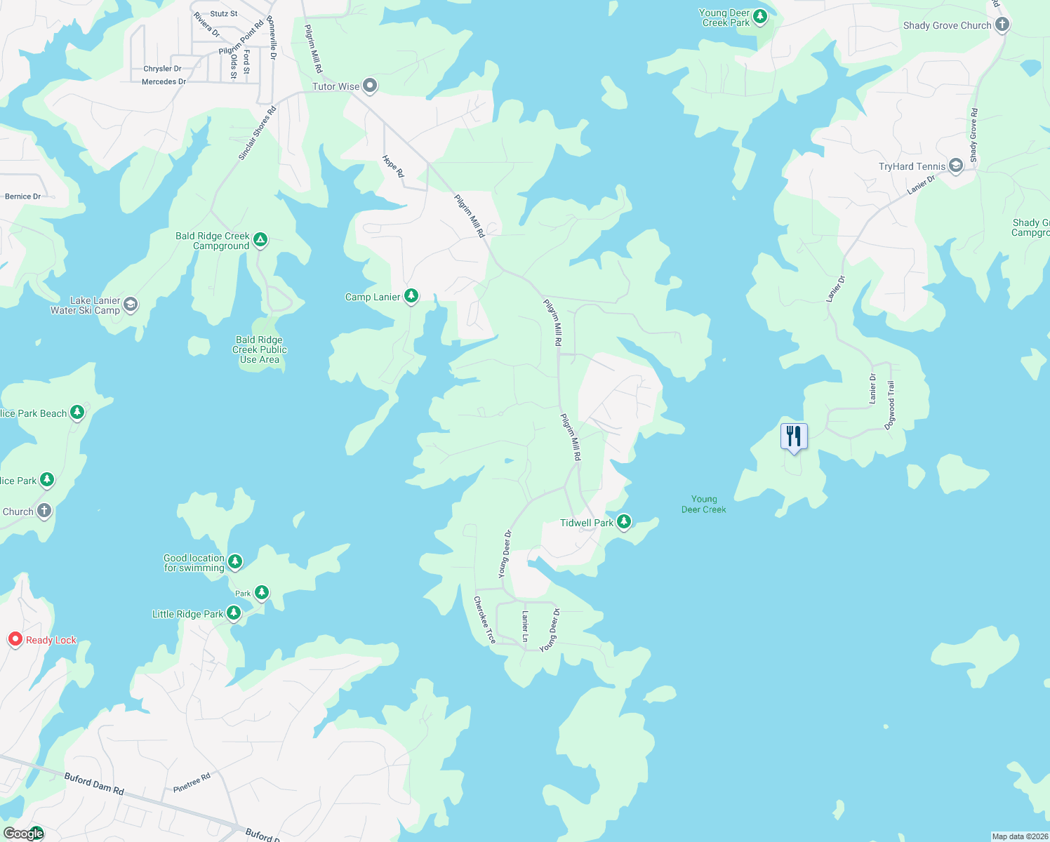 map of restaurants, bars, coffee shops, grocery stores, and more near 5135 Forest Hills Dr in Cumming