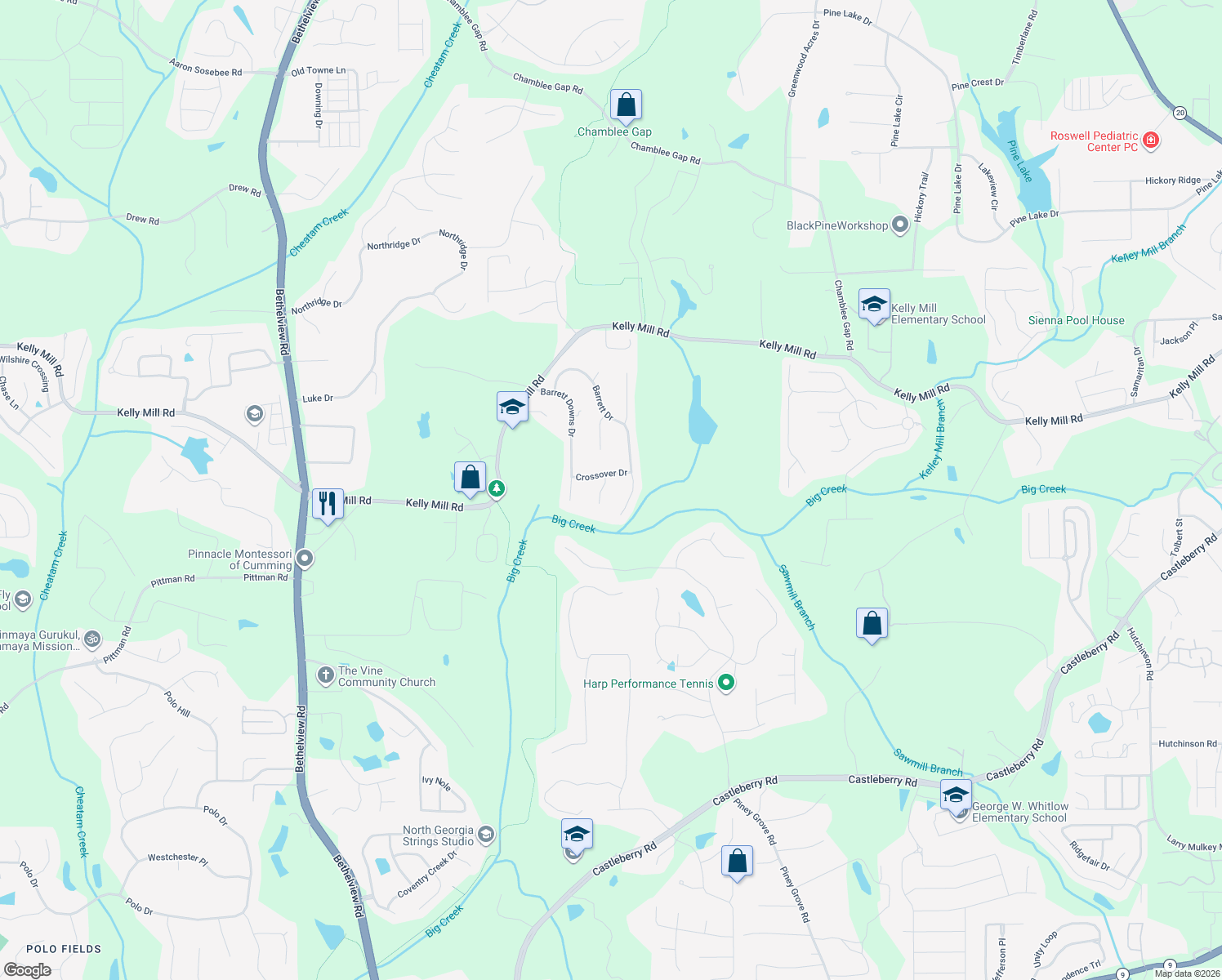 map of restaurants, bars, coffee shops, grocery stores, and more near 2125 Midway Dr in Cumming