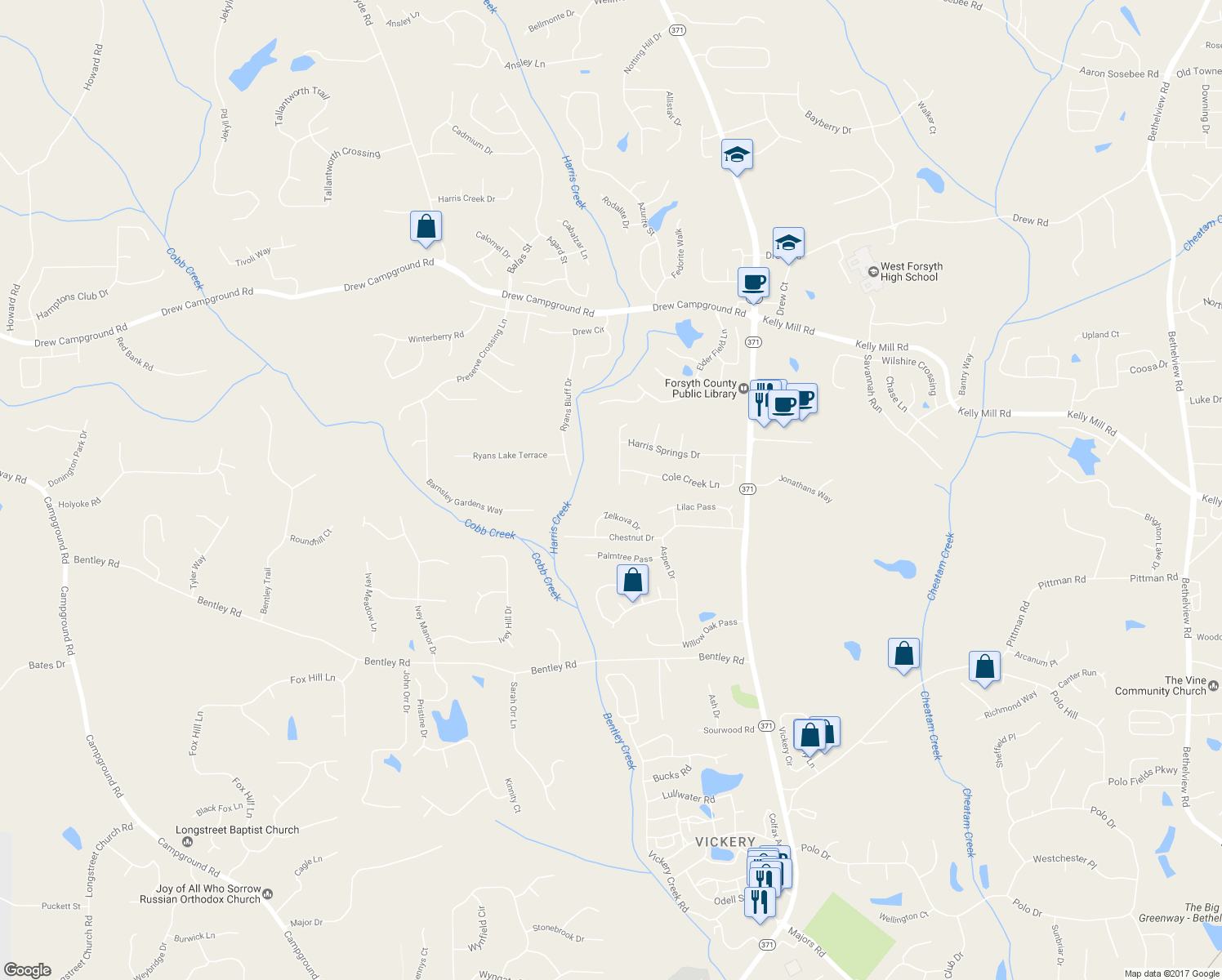map of restaurants, bars, coffee shops, grocery stores, and more near 5475 Copper Creek Pass in Cumming