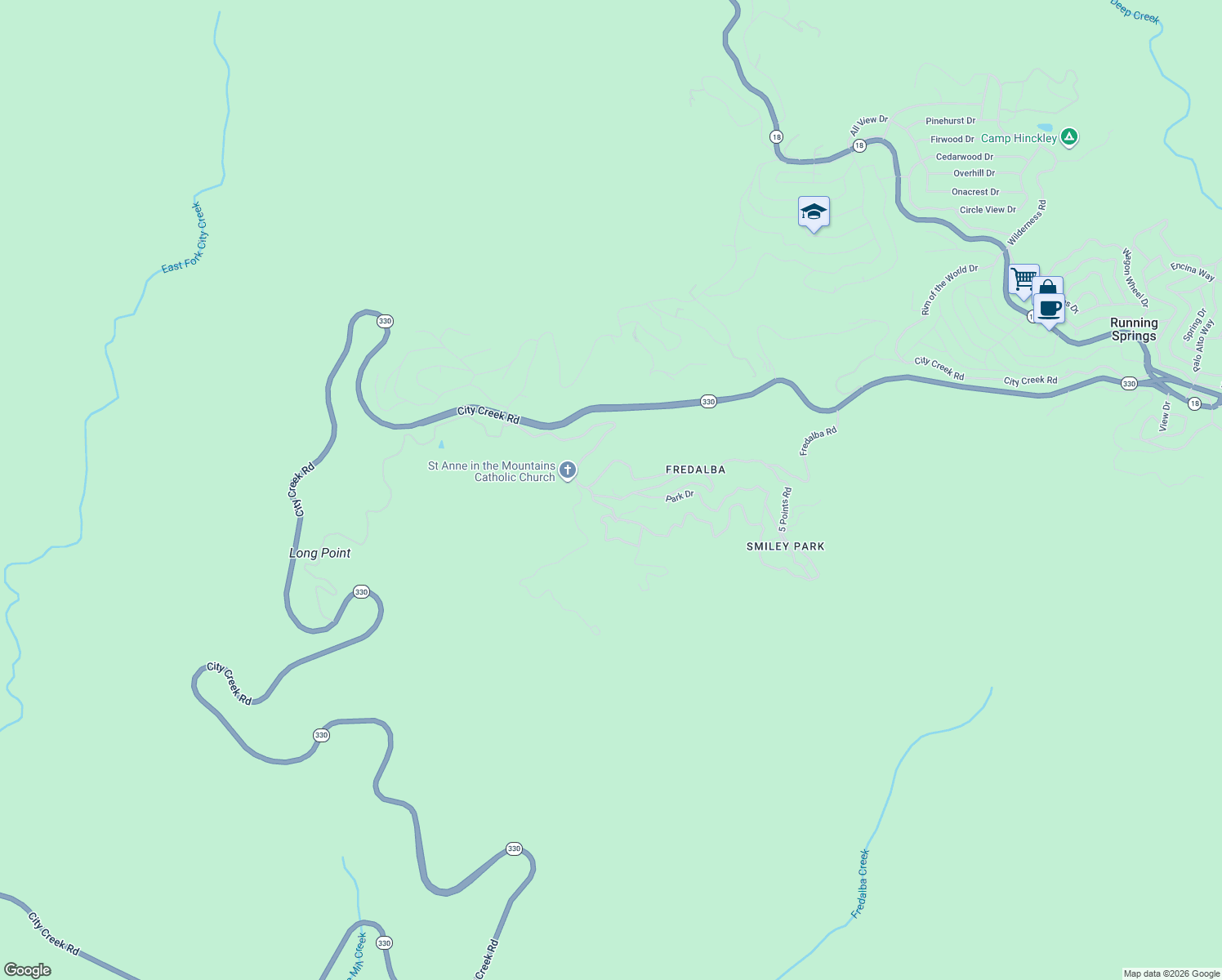 map of restaurants, bars, coffee shops, grocery stores, and more near 10 Fredalba Road in Running Springs
