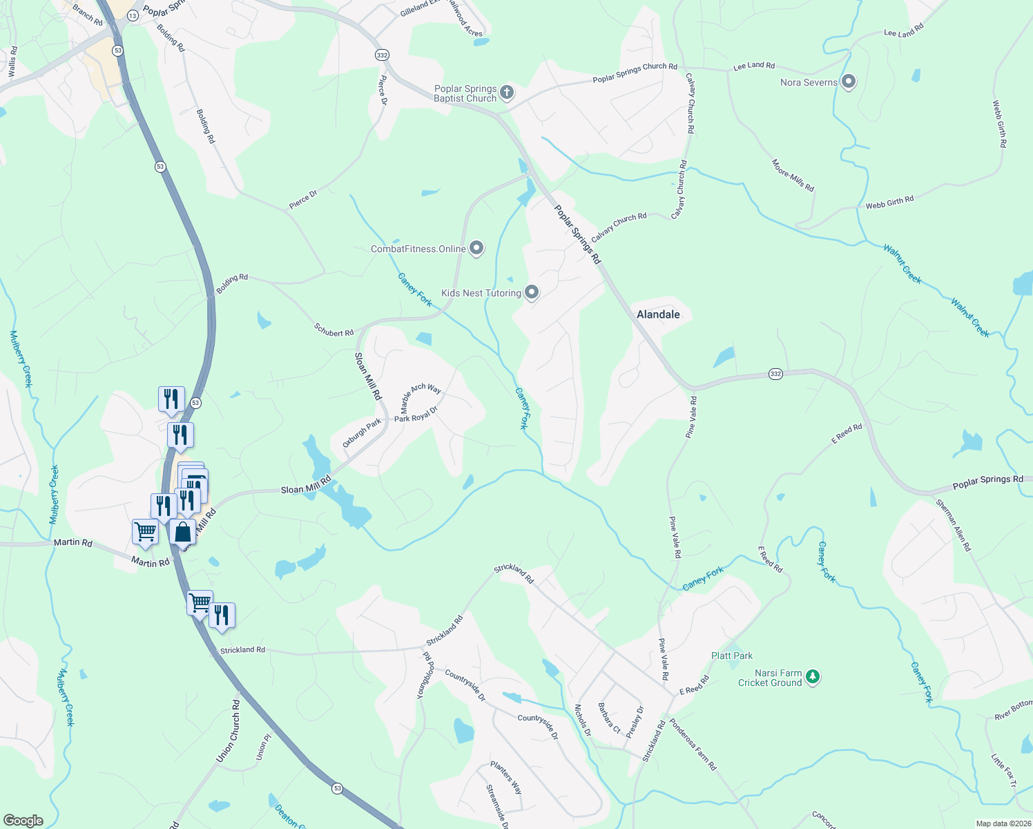 map of restaurants, bars, coffee shops, grocery stores, and more near 4474 Park Royal Drive in Flowery Branch