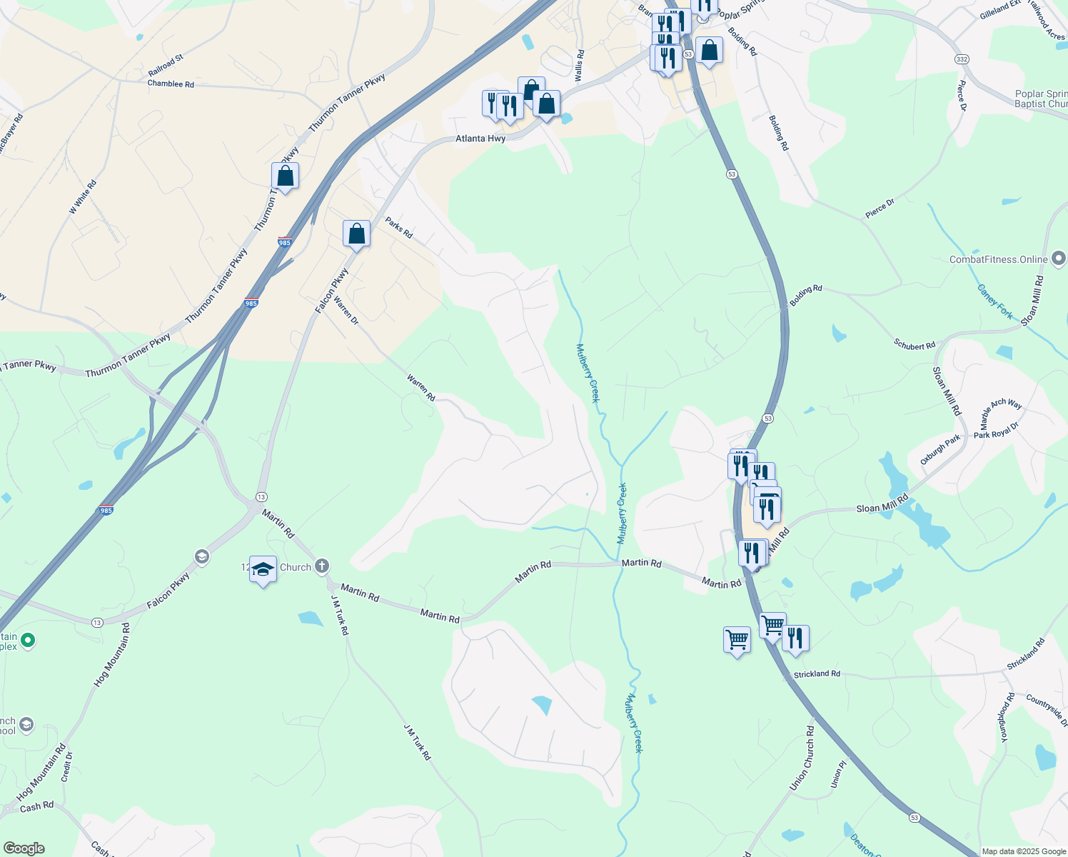 map of restaurants, bars, coffee shops, grocery stores, and more near 4118 Burgundy Way in Flowery Branch