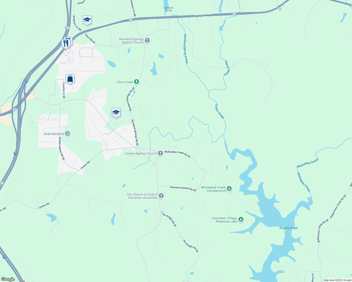 map of restaurants, bars, coffee shops, grocery stores, and more near 10 Berryhill Place in Cartersville