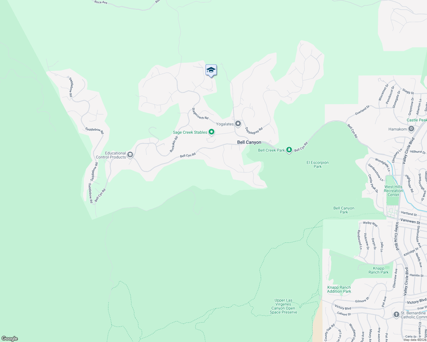 map of restaurants, bars, coffee shops, grocery stores, and more near 27 Round Up Road in Bell Canyon