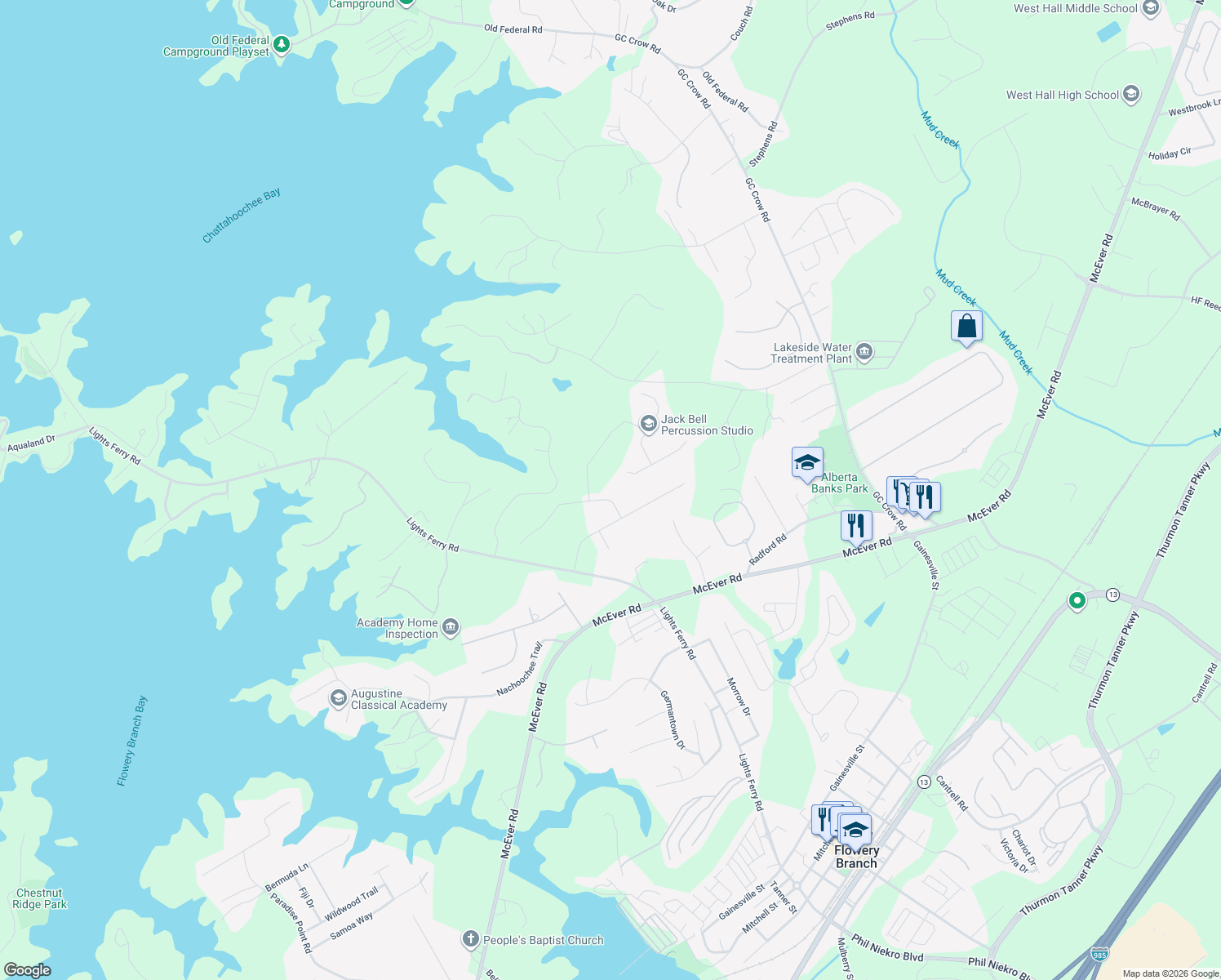 map of restaurants, bars, coffee shops, grocery stores, and more near 6318 Spring Cove Drive in Flowery Branch