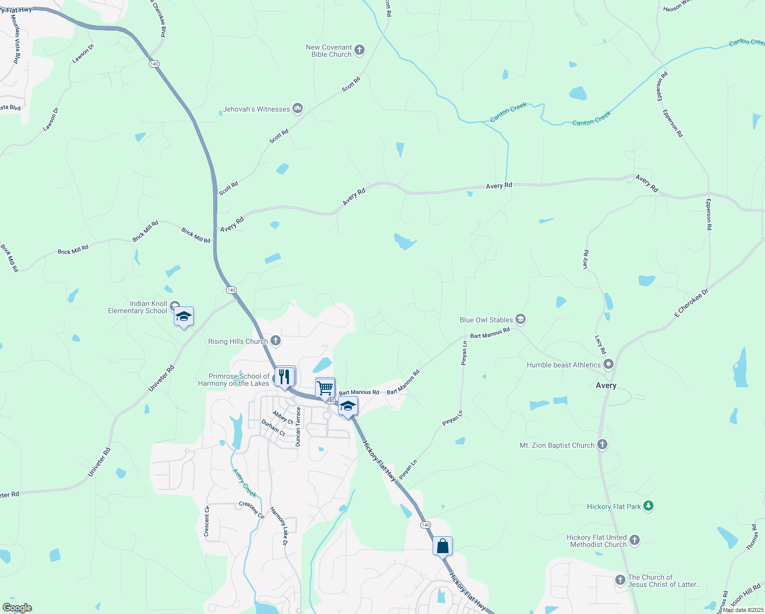 map of restaurants, bars, coffee shops, grocery stores, and more near 128 Prescott Manor Drive in Canton