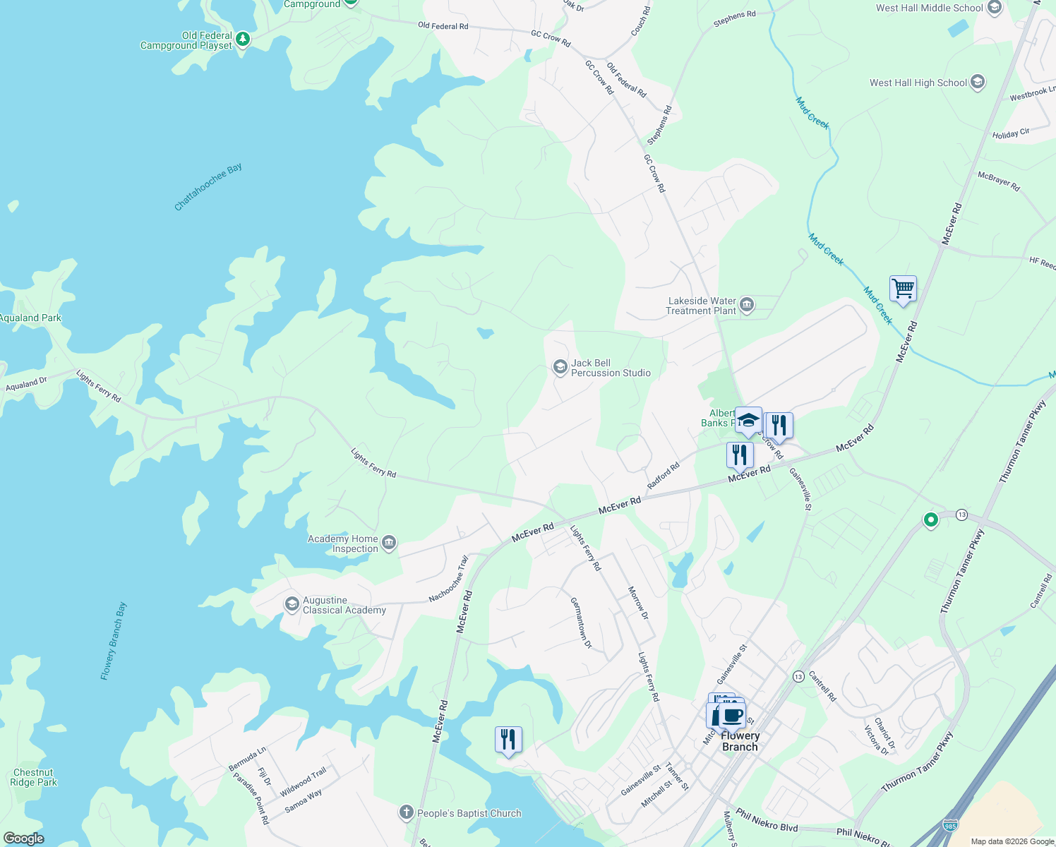 map of restaurants, bars, coffee shops, grocery stores, and more near 6318 Spring Cove Drive in Flowery Branch