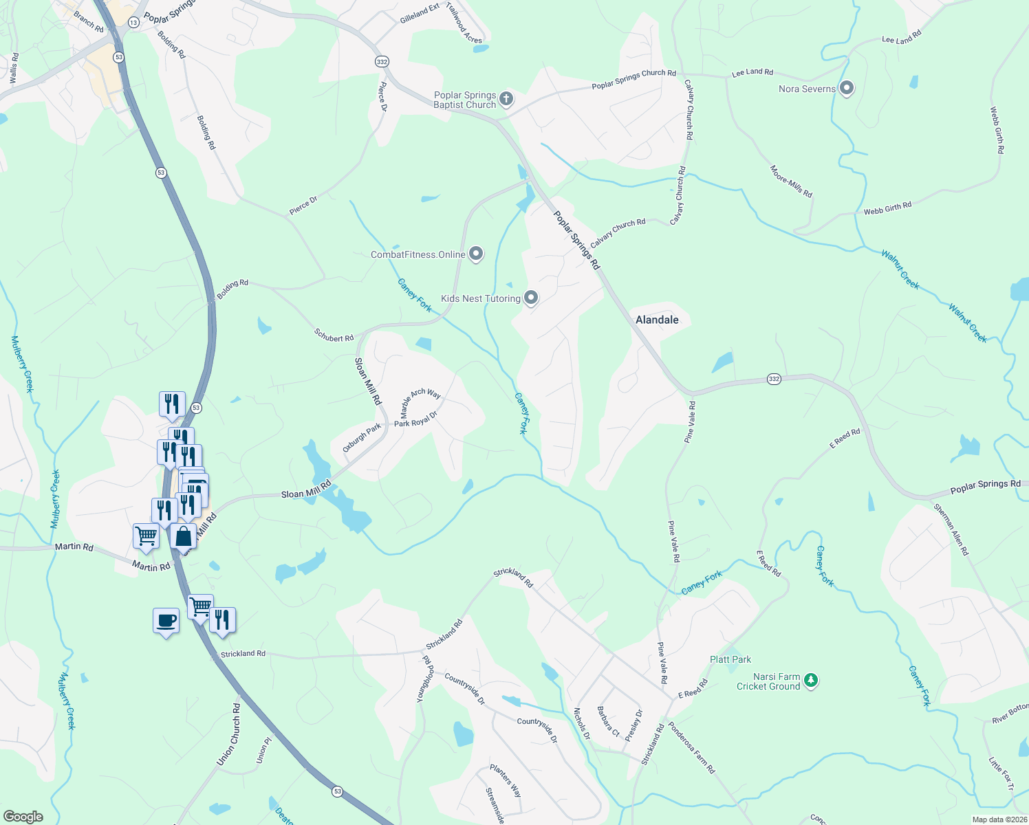 map of restaurants, bars, coffee shops, grocery stores, and more near 4474 Park Royal Drive in Flowery Branch