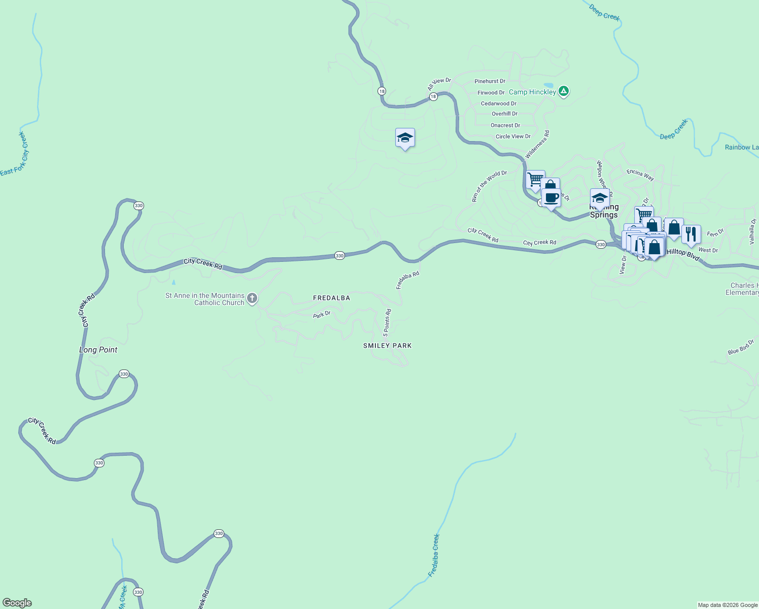 map of restaurants, bars, coffee shops, grocery stores, and more near 0 Winding Way in Running Springs