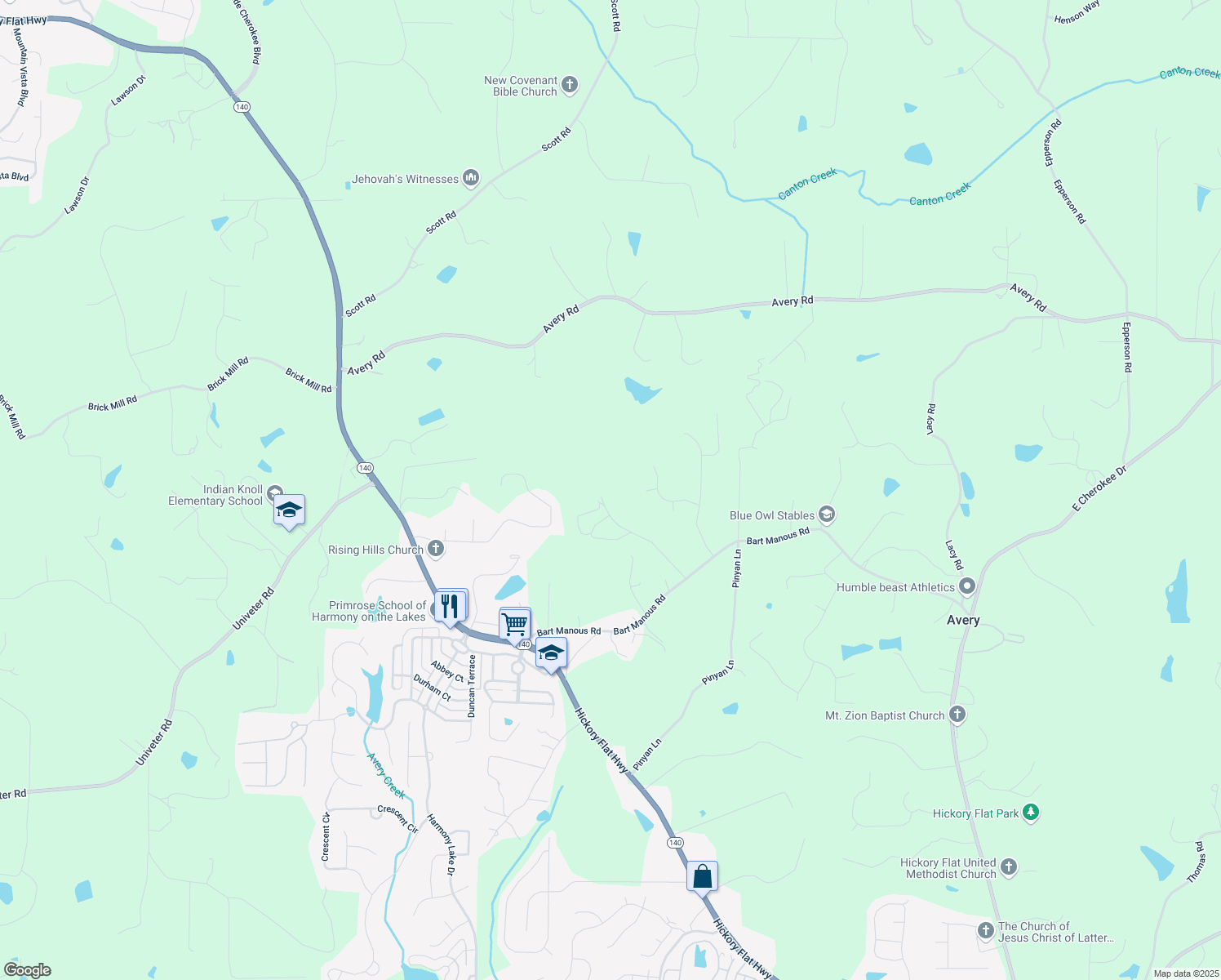 map of restaurants, bars, coffee shops, grocery stores, and more near 128 Prescott Manor Drive in Canton